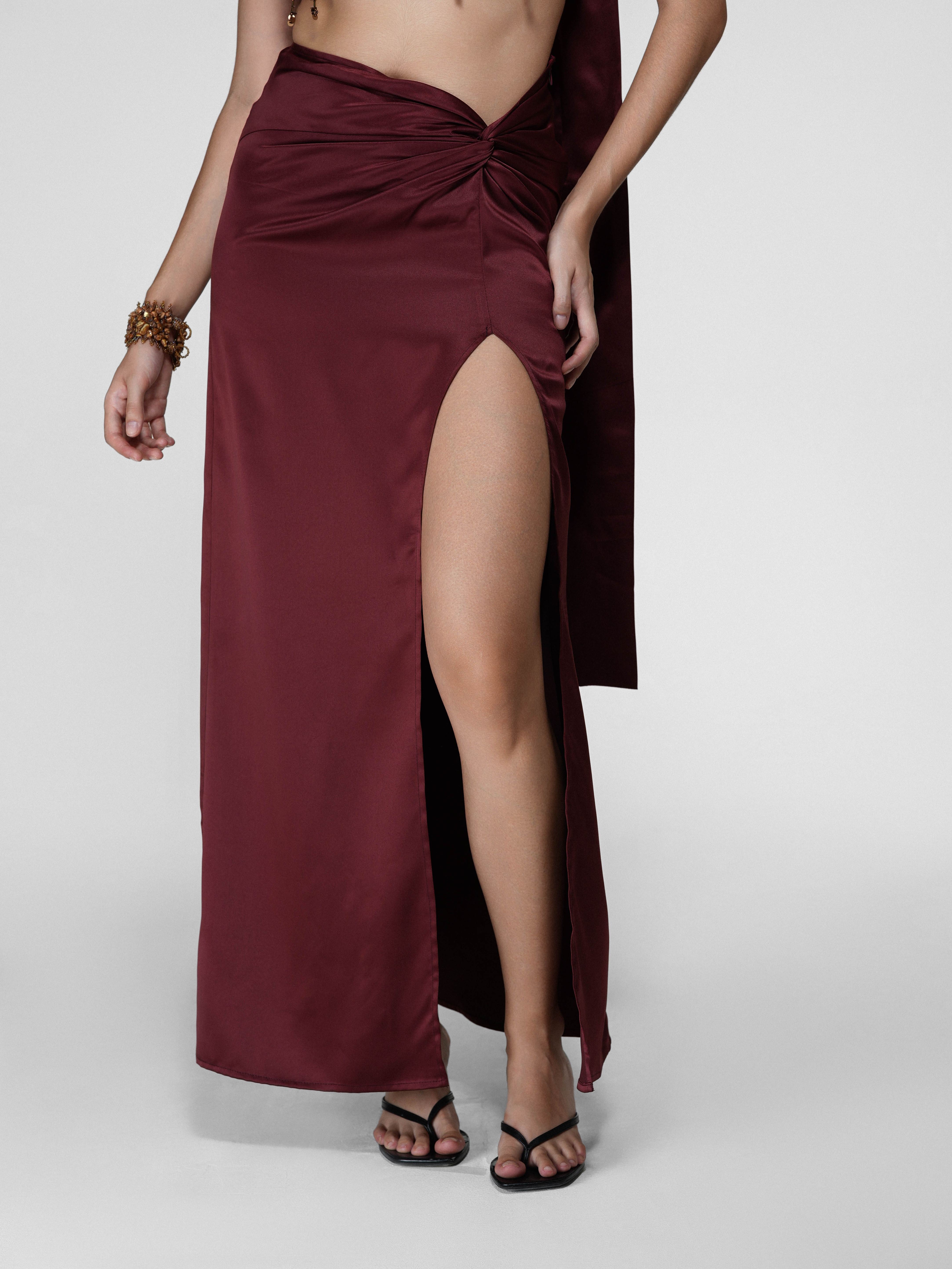 Knotted Slit Satin Maxi Skirt