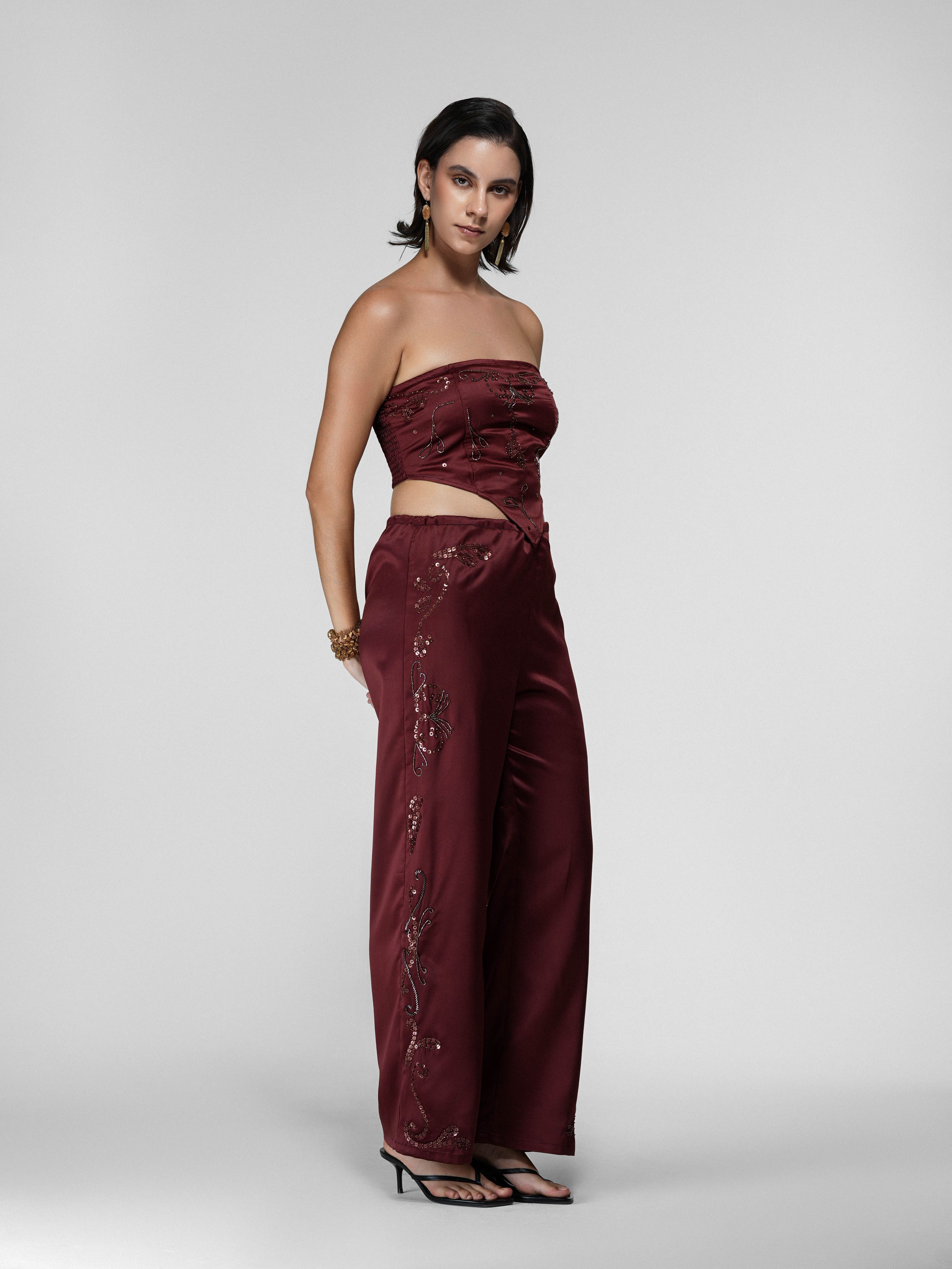 Floral Hand-Beaded Sequin Wide-Leg Satin Pants