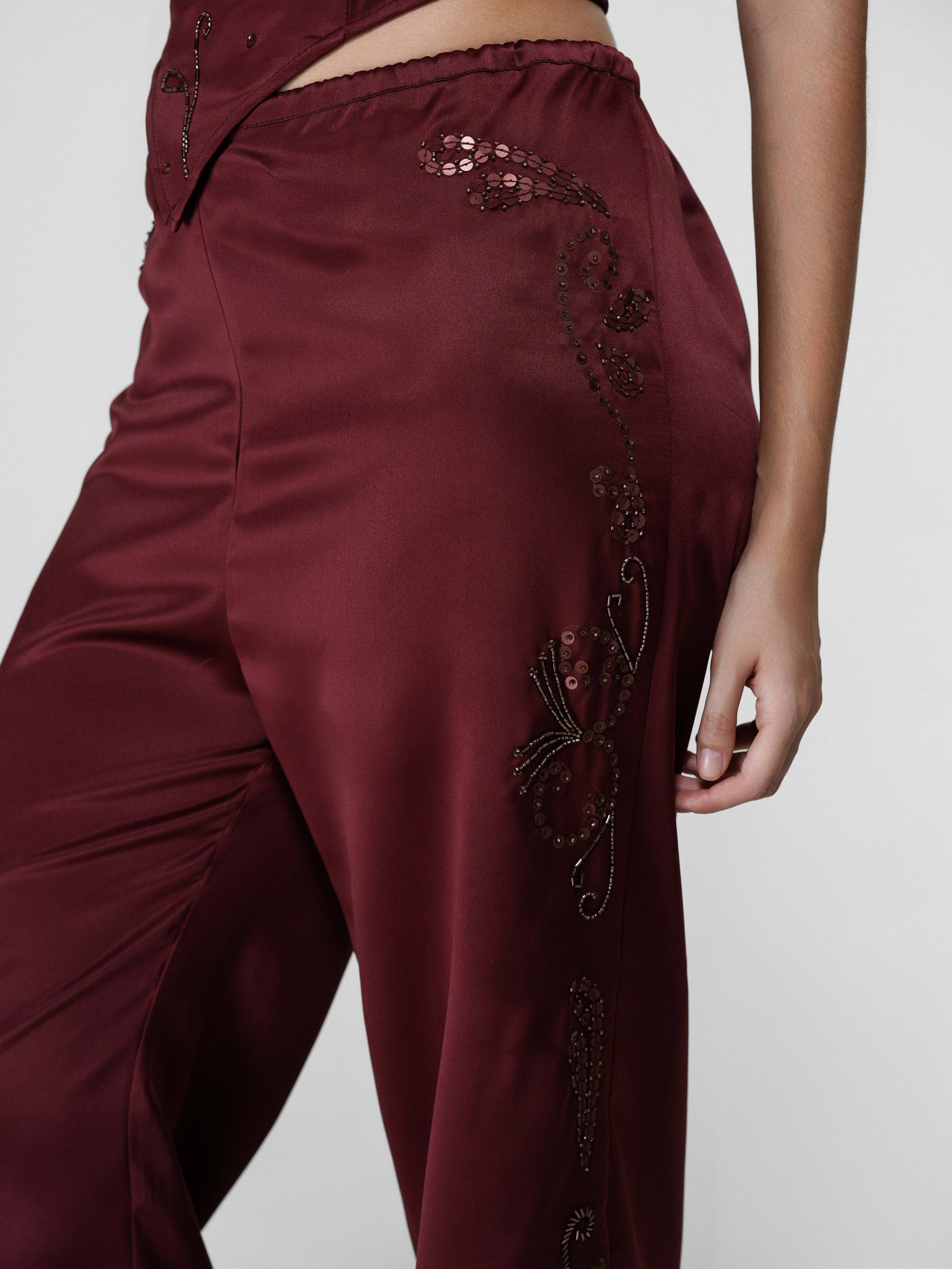 Floral Hand-Beaded Sequin Wide-Leg Satin Pants