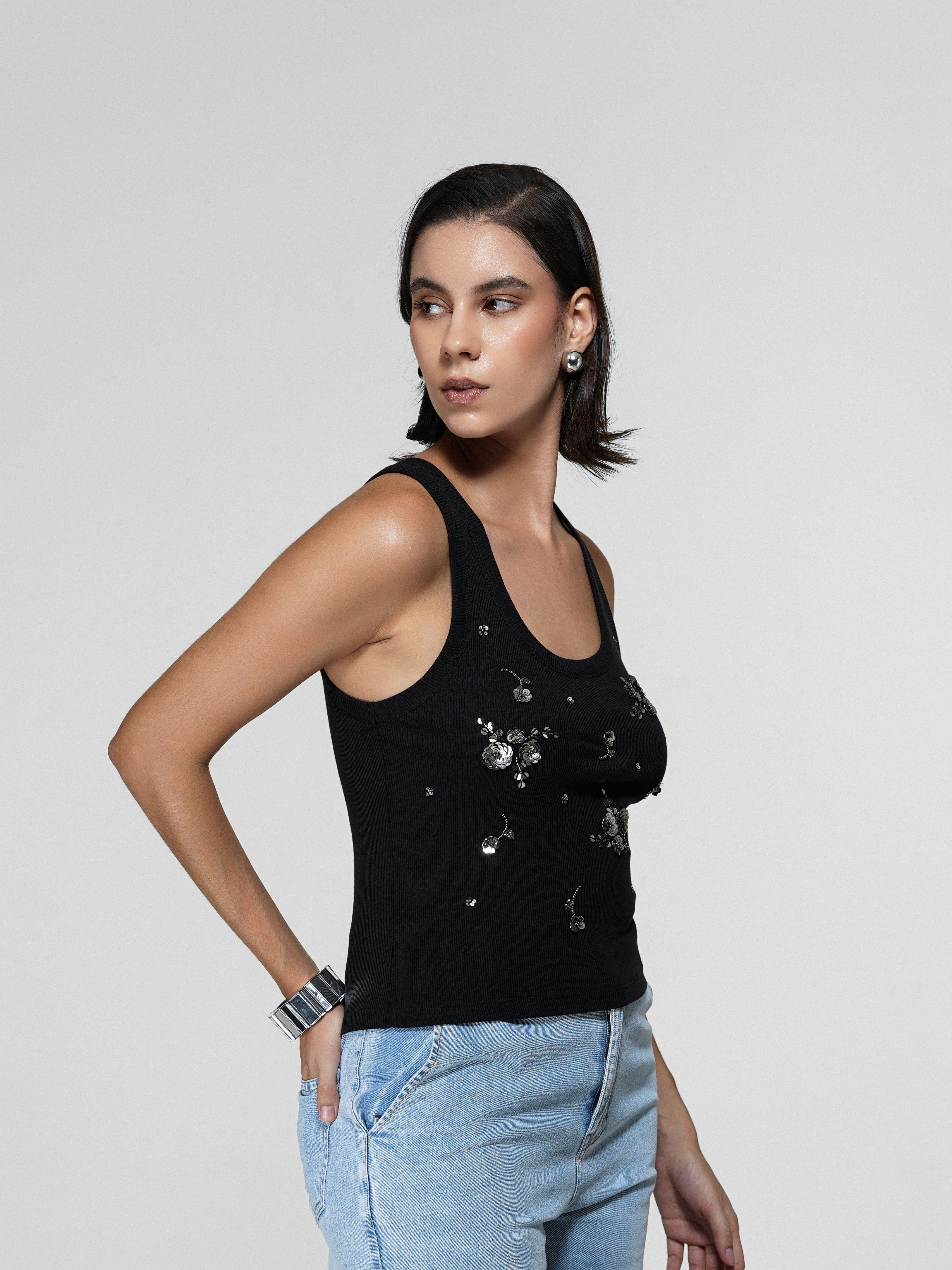 Black Beaded Floral Tank Top