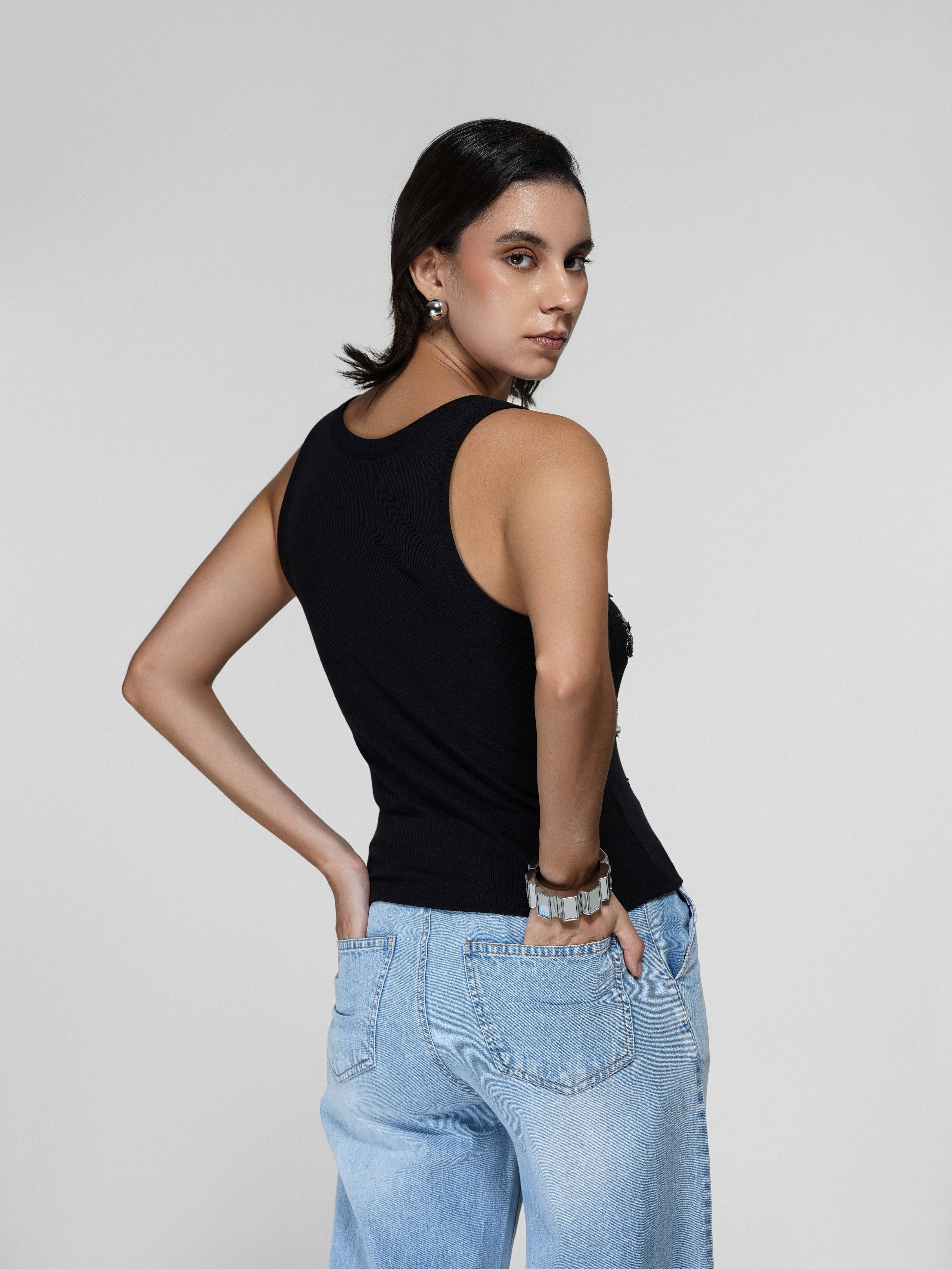 Black Beaded Floral Tank Top