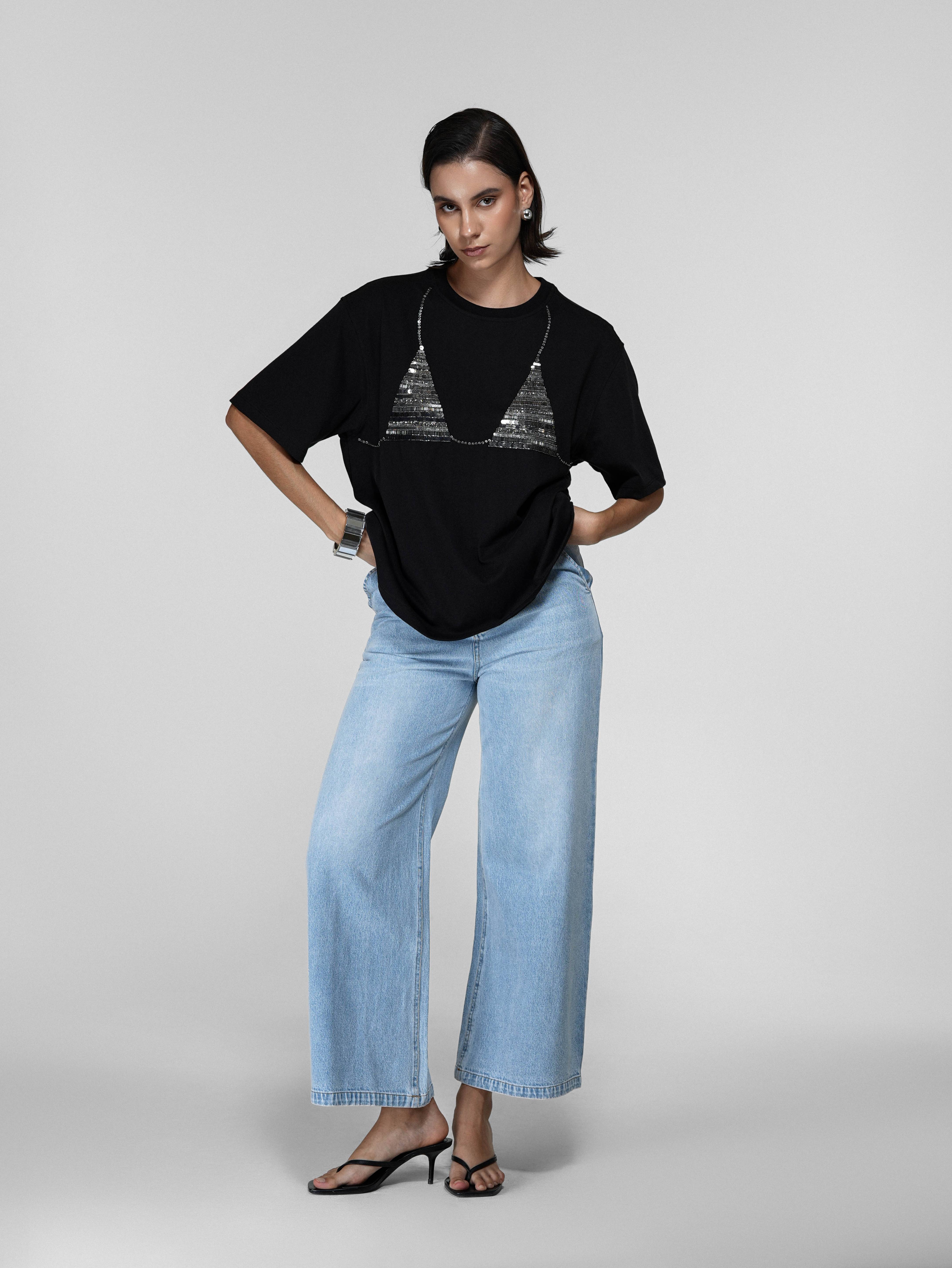 Hand-Beaded Sequin Bralette Oversized T-Shirt