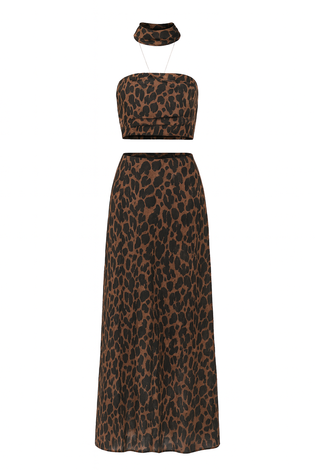 Brown Animal Print Tube Top & Maxi Skirt with Scarf