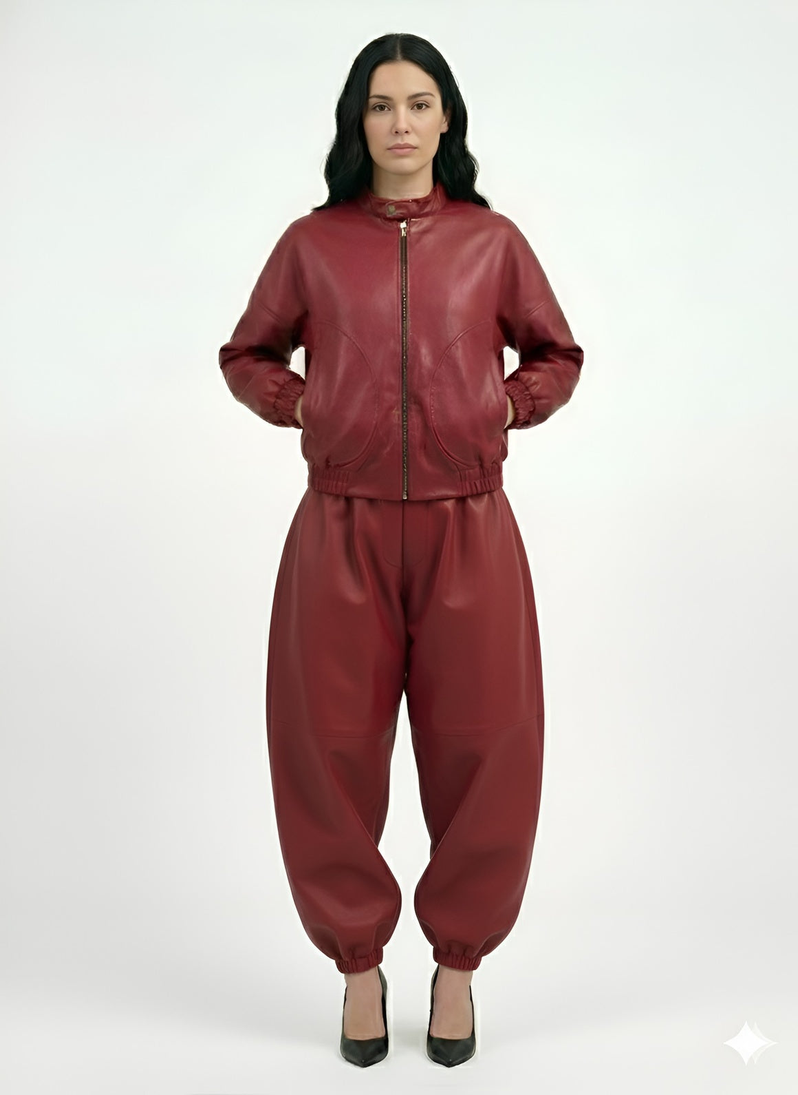 Red Faux Leather Barrel Pants