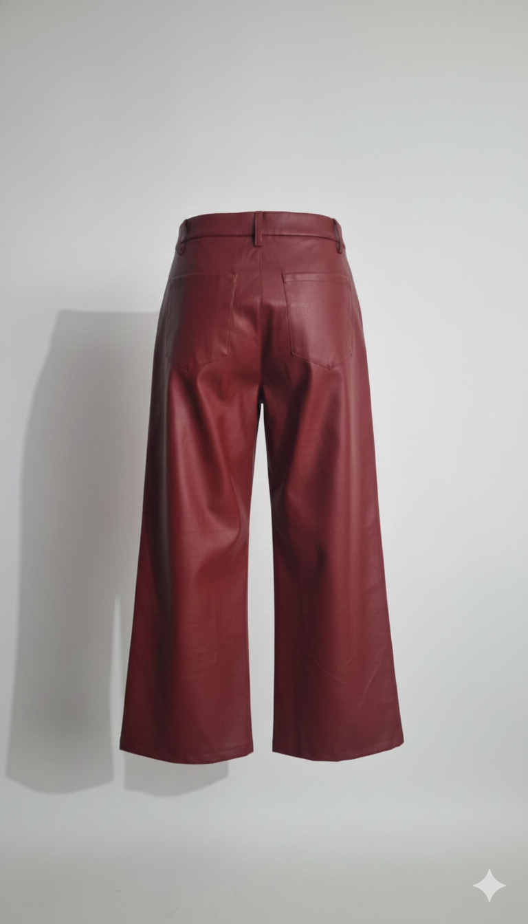 Cherry Red Pleated Leather Wide-Leg Pants