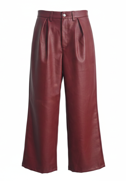 Cherry Red Pleated Leather Wide-Leg Pants
