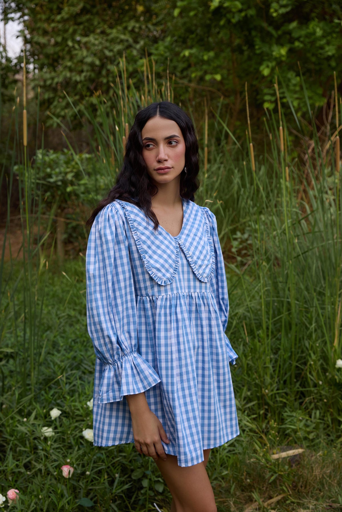 Blue Checked Flared Mini Dress