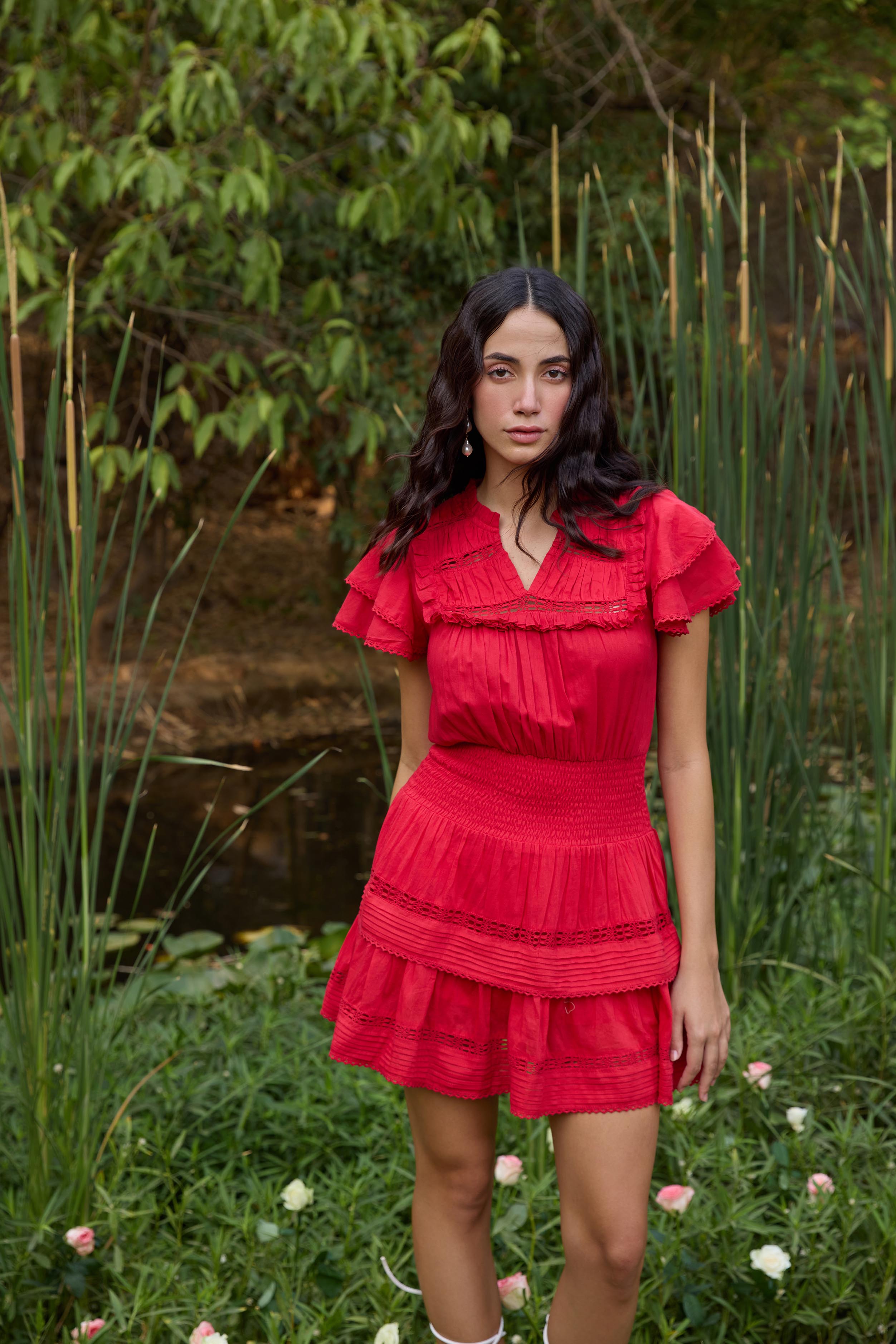 Red Smocked-Waist Mini Dress