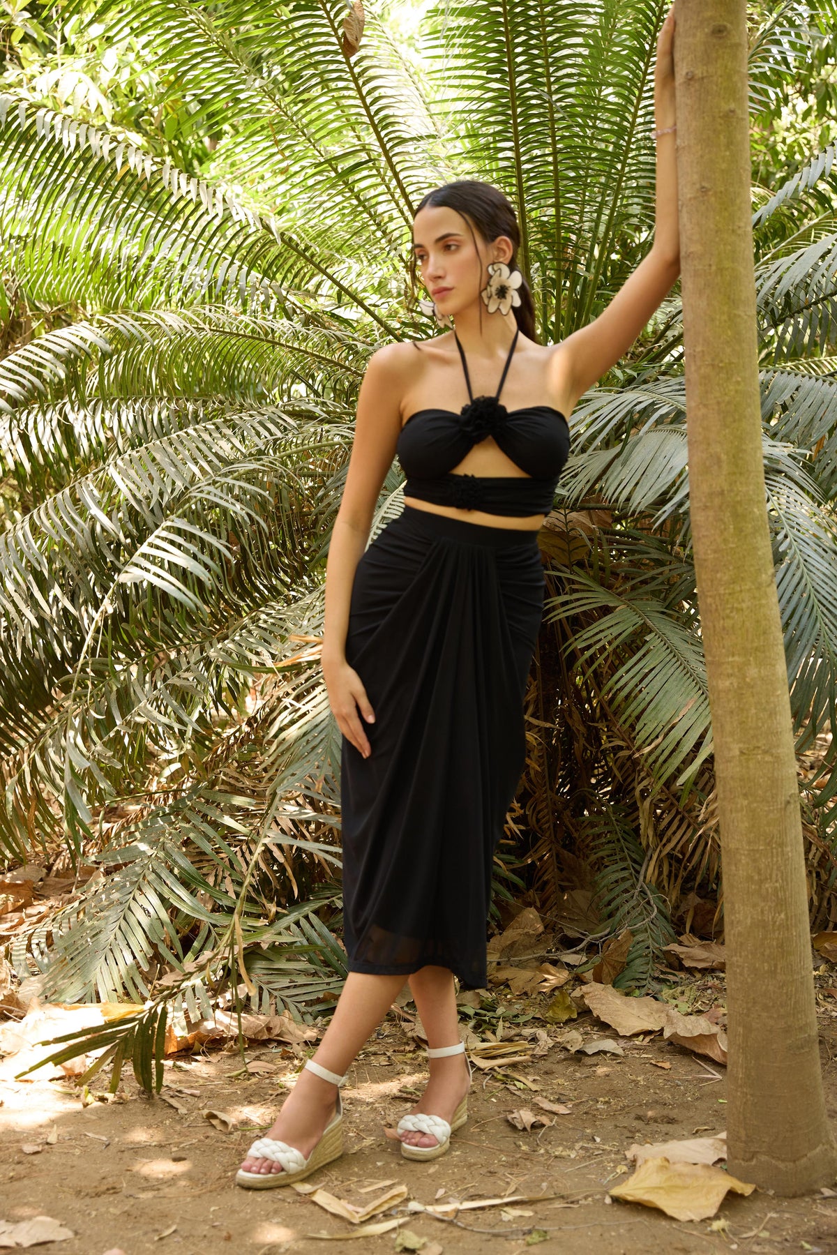 Black Pre-Draped Midi Skirt