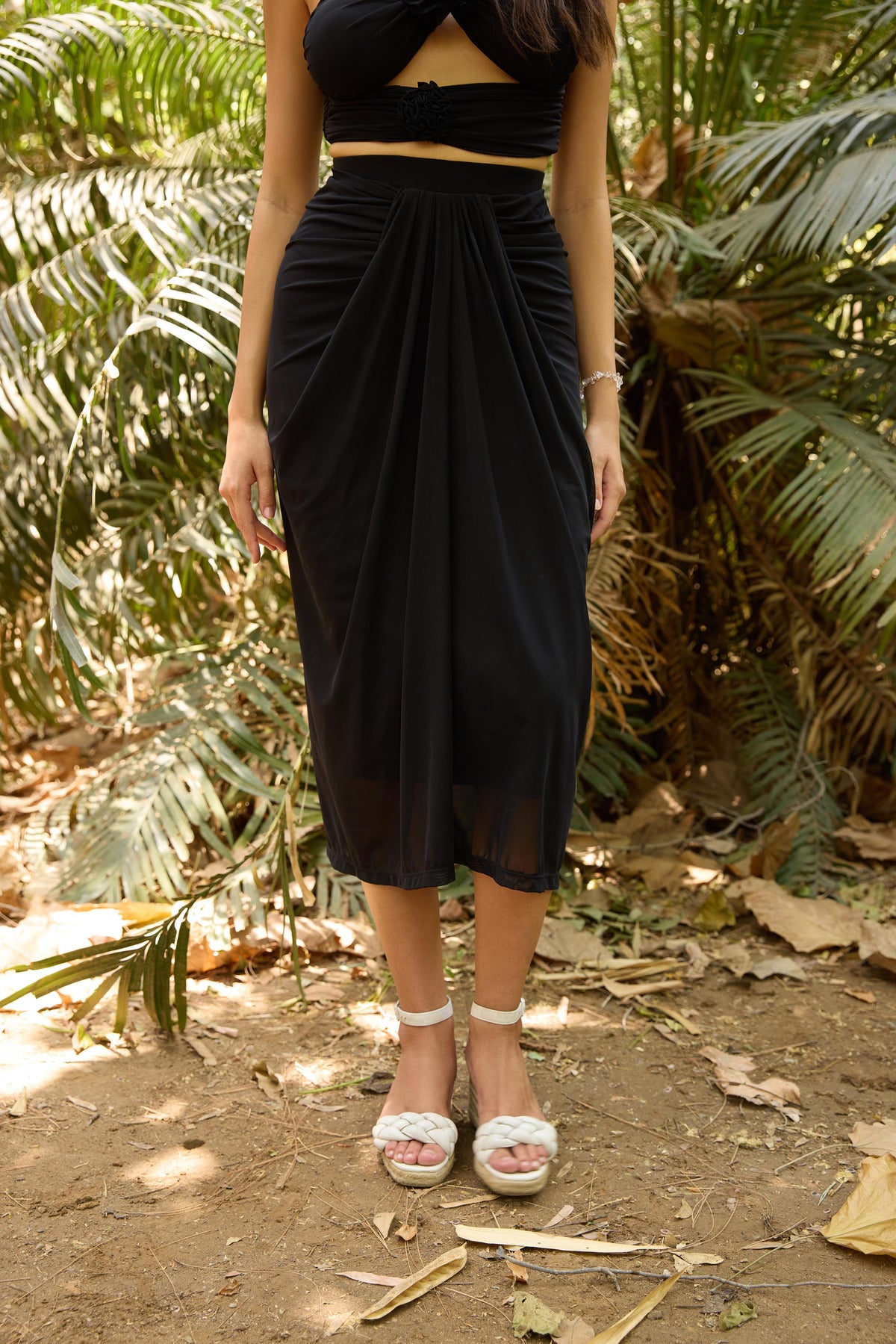 Black Pre-Draped Midi Skirt