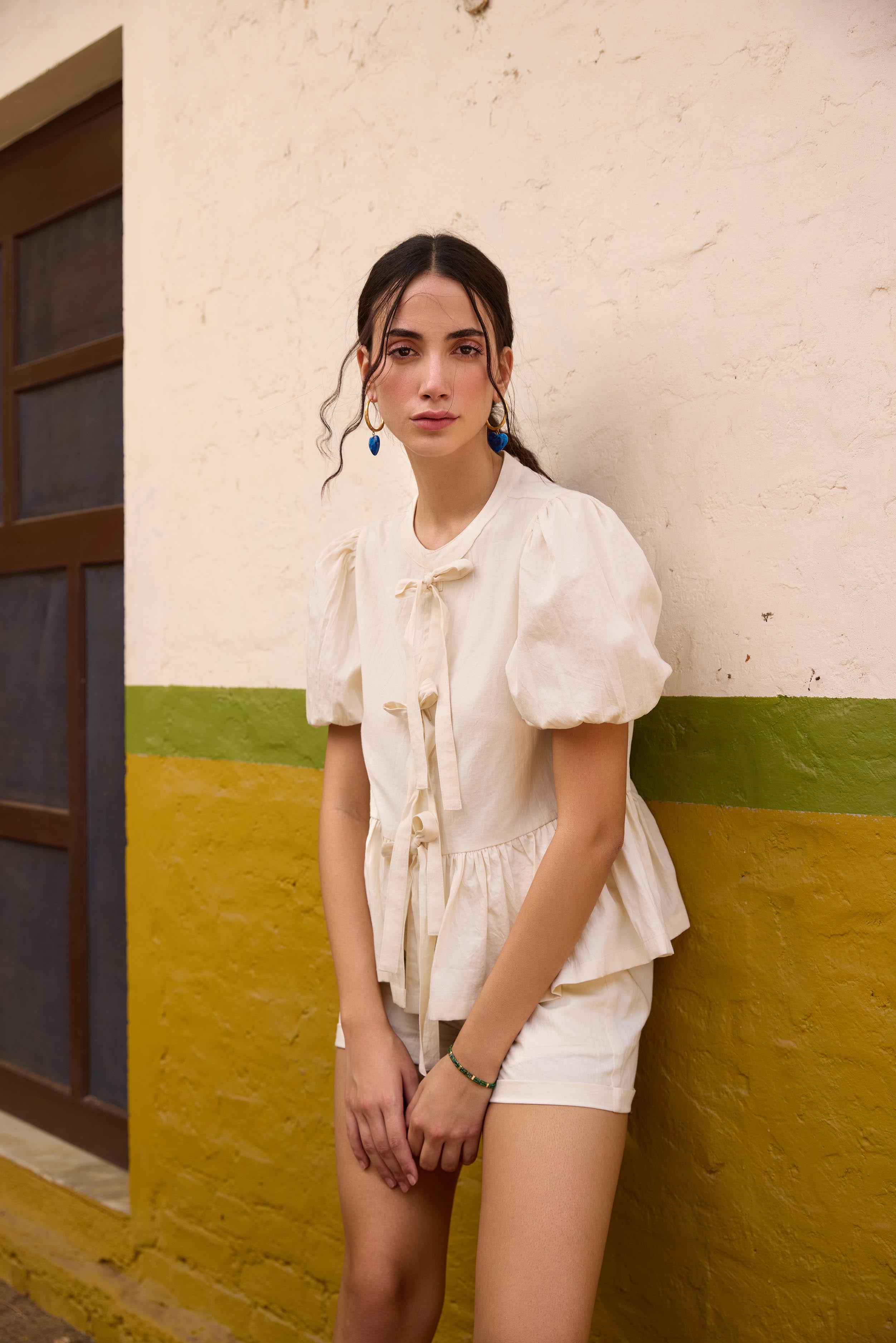 Off-White Peplum Top and Shorts Set