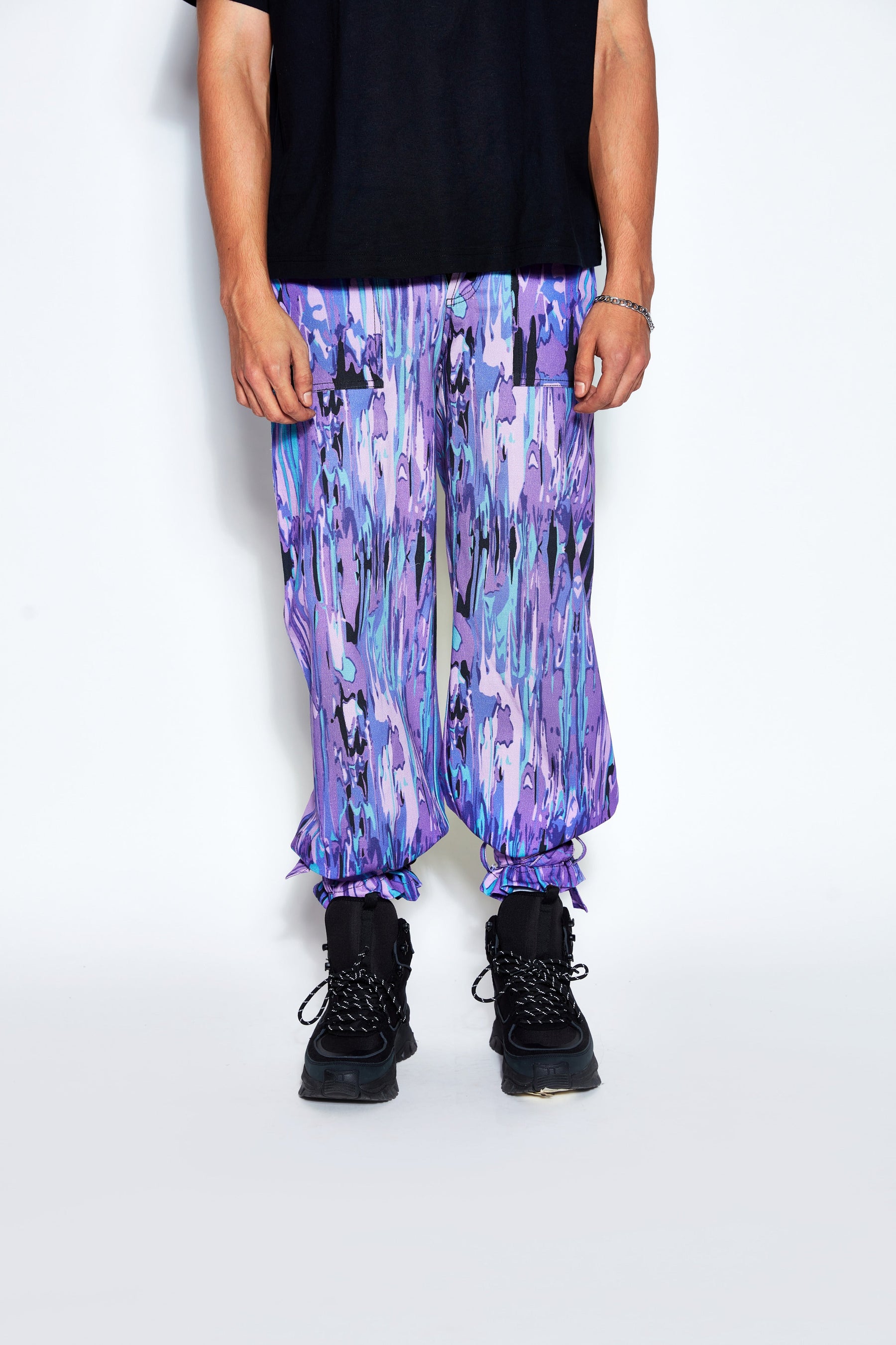 Abstract Print Twill Pants- Purple