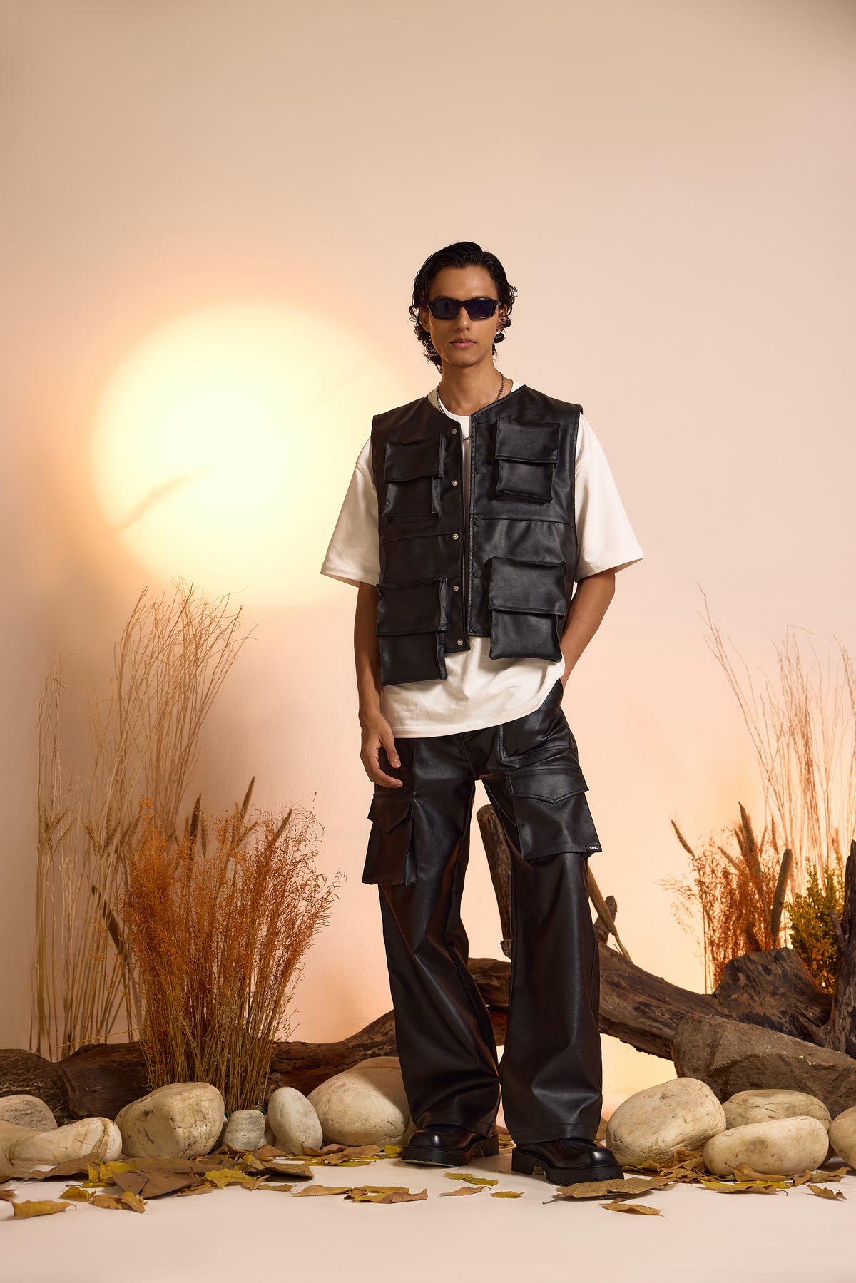 Faux Leather Oversized Gilet Jacket-Men