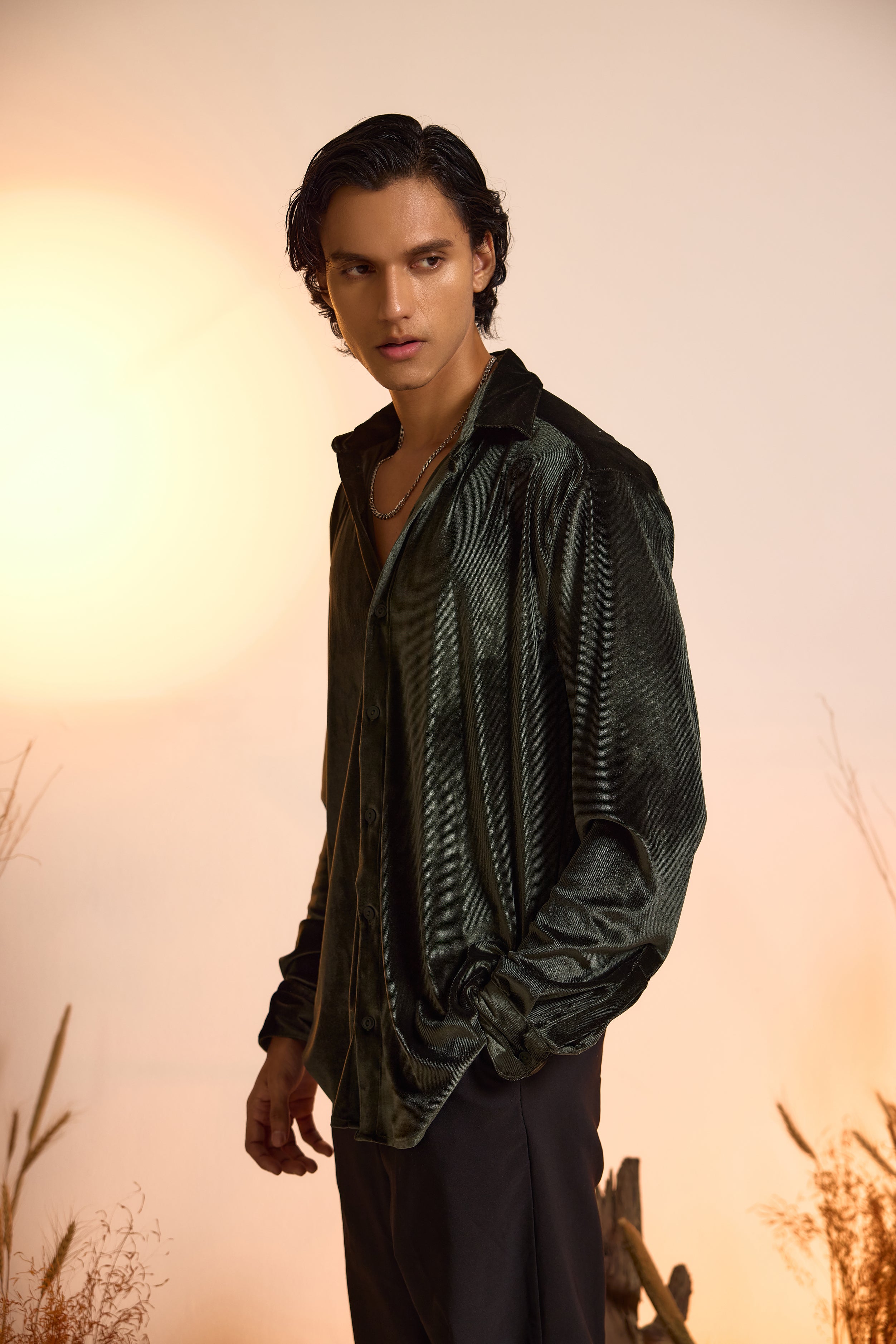 Velvet Oversized Shirt-Green-Men