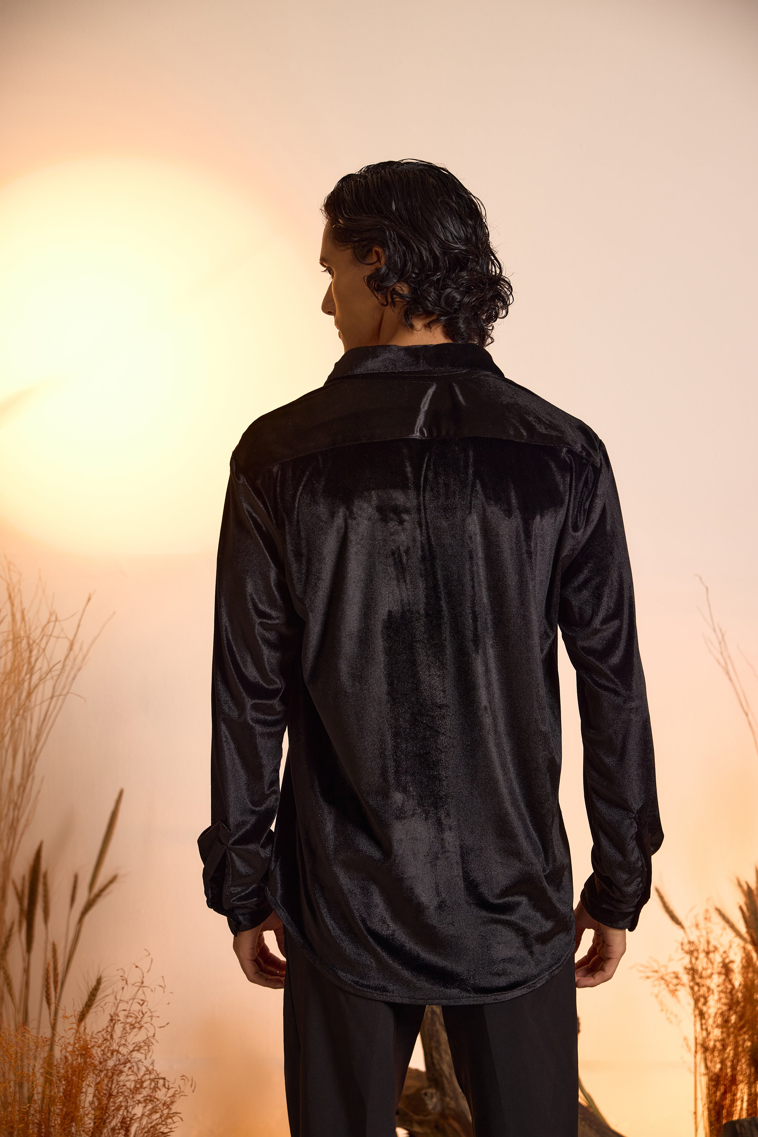 Velvet Oversized Shirt-Black-Men
