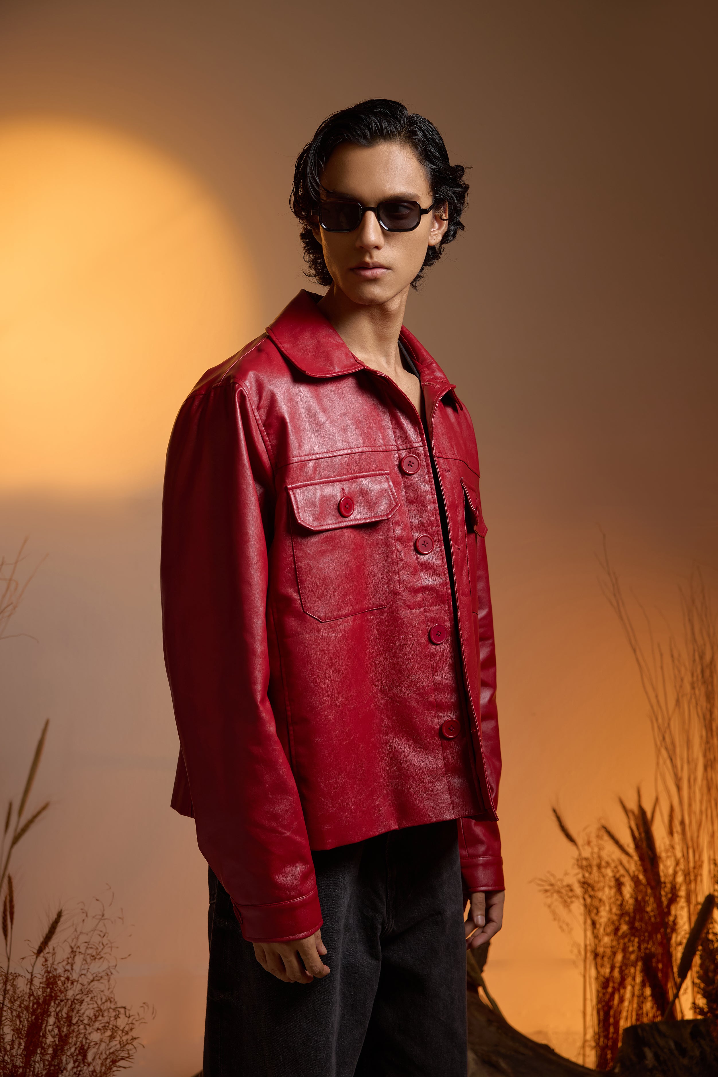 Utility Oversized Faux Leather Jacket-Cherry Red-Men