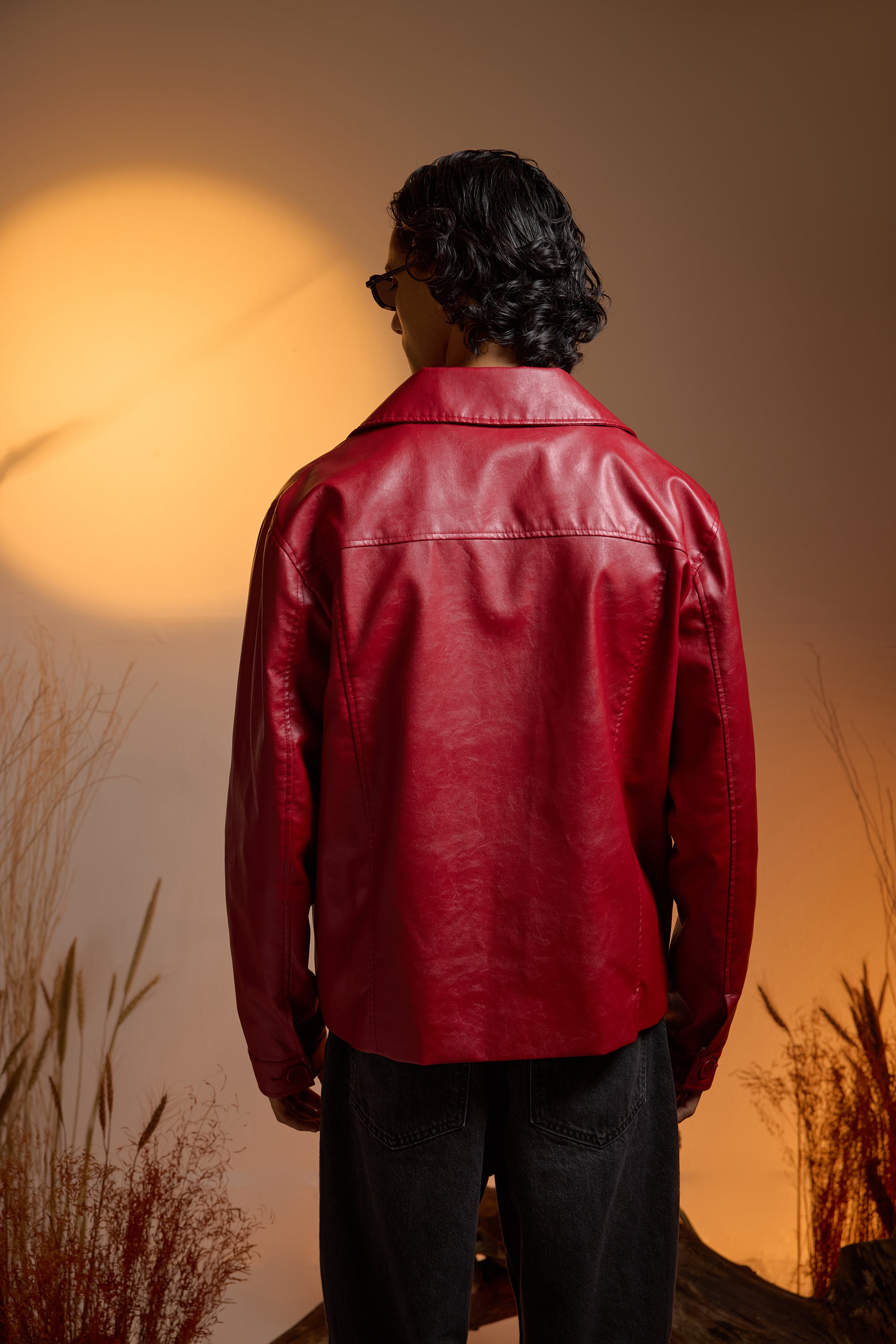 Utility Oversized Faux Leather Jacket-Cherry Red-Men