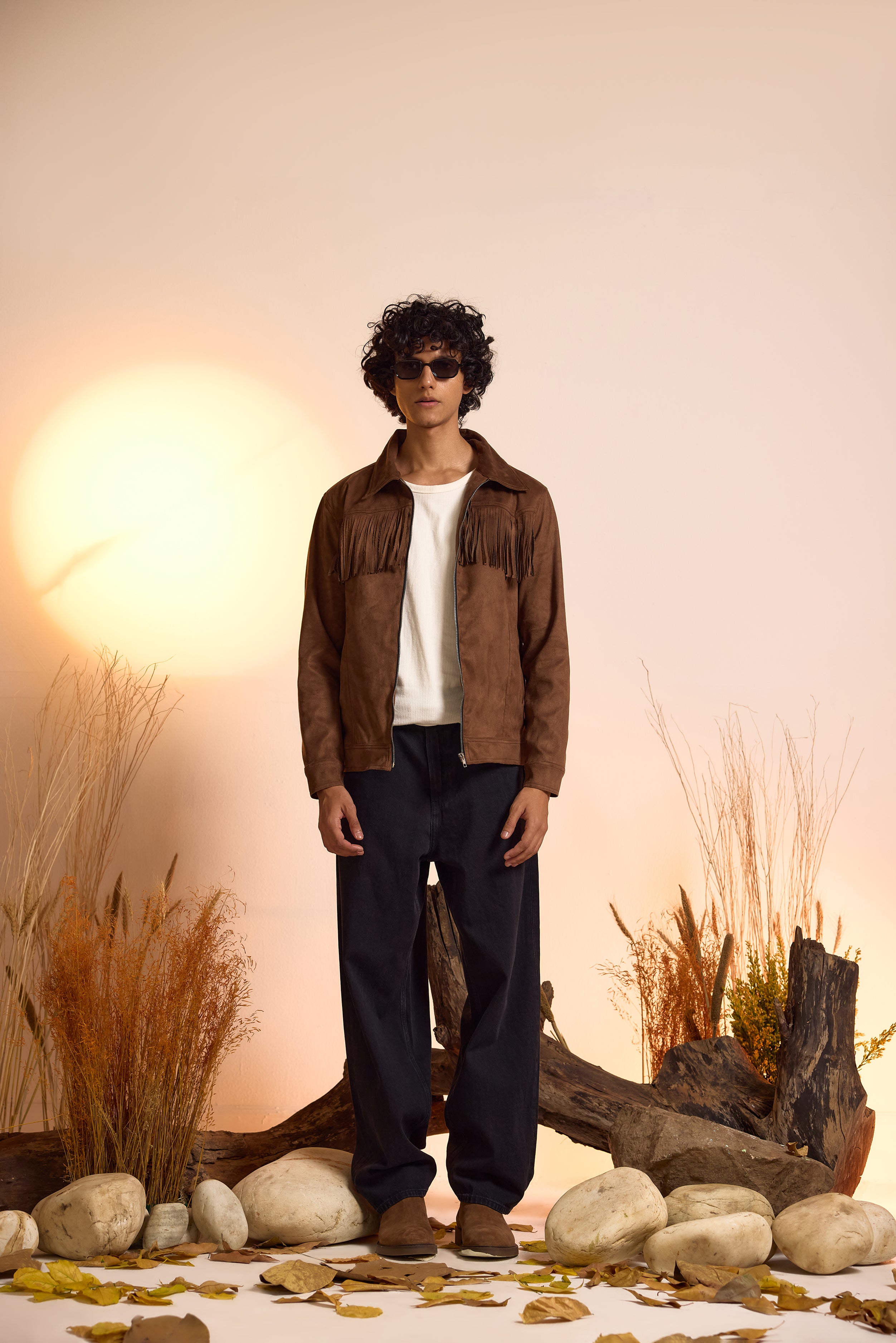 Fringe Relaxed Fit Suede Jacket-Brown-Men