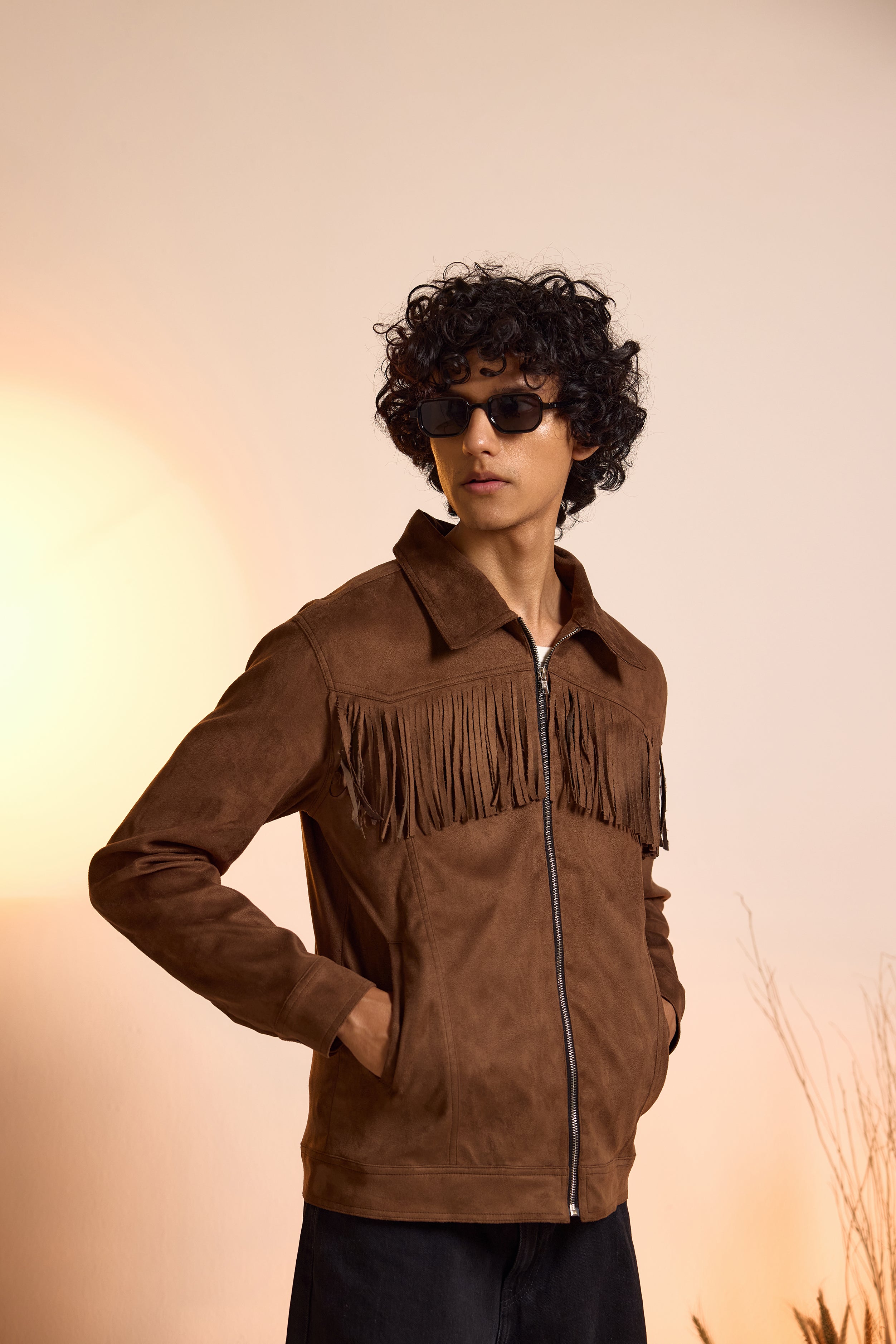 Fringe Relaxed Fit Suede Jacket-Brown-Men
