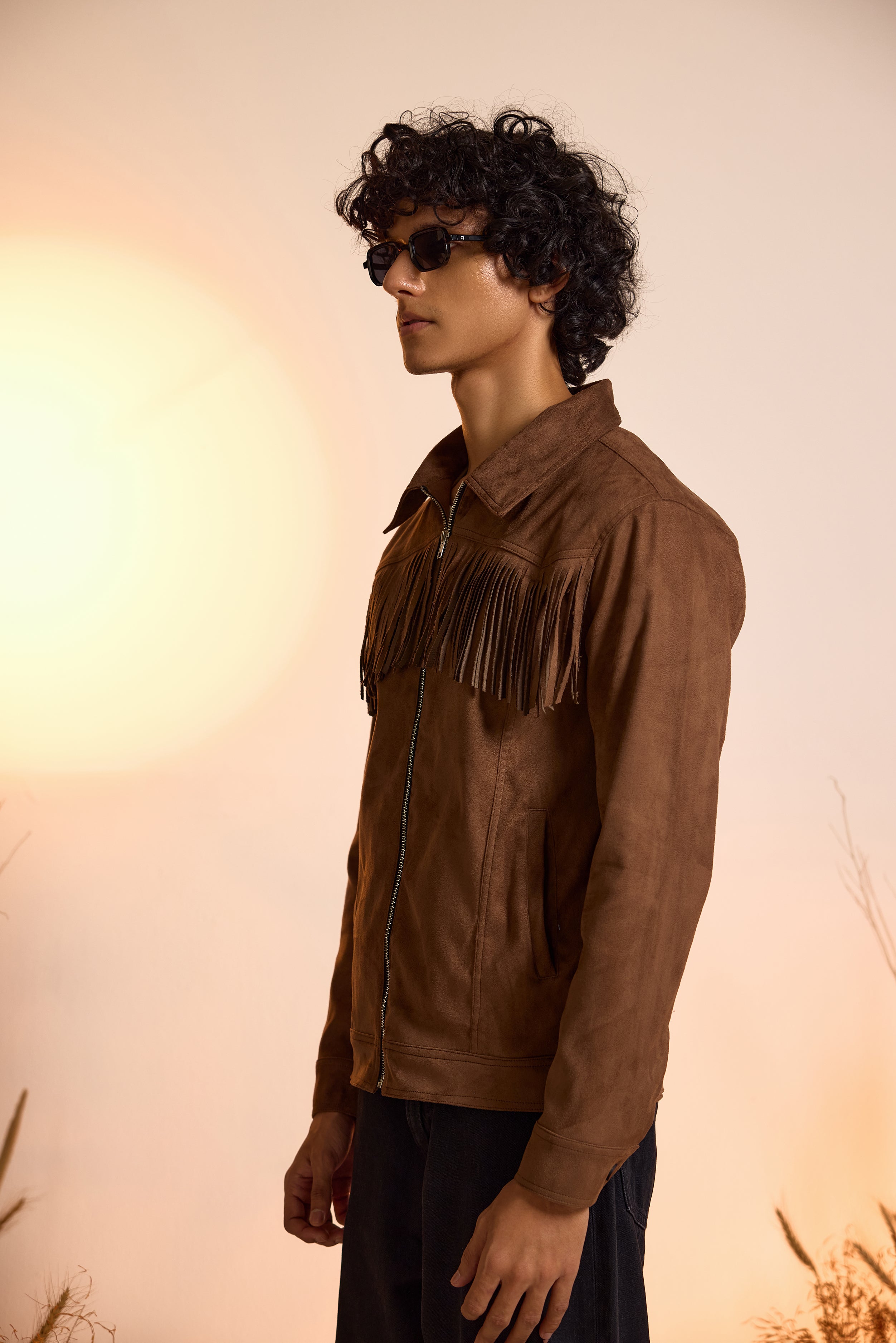 Fringe Relaxed Fit Suede Jacket-Brown-Men