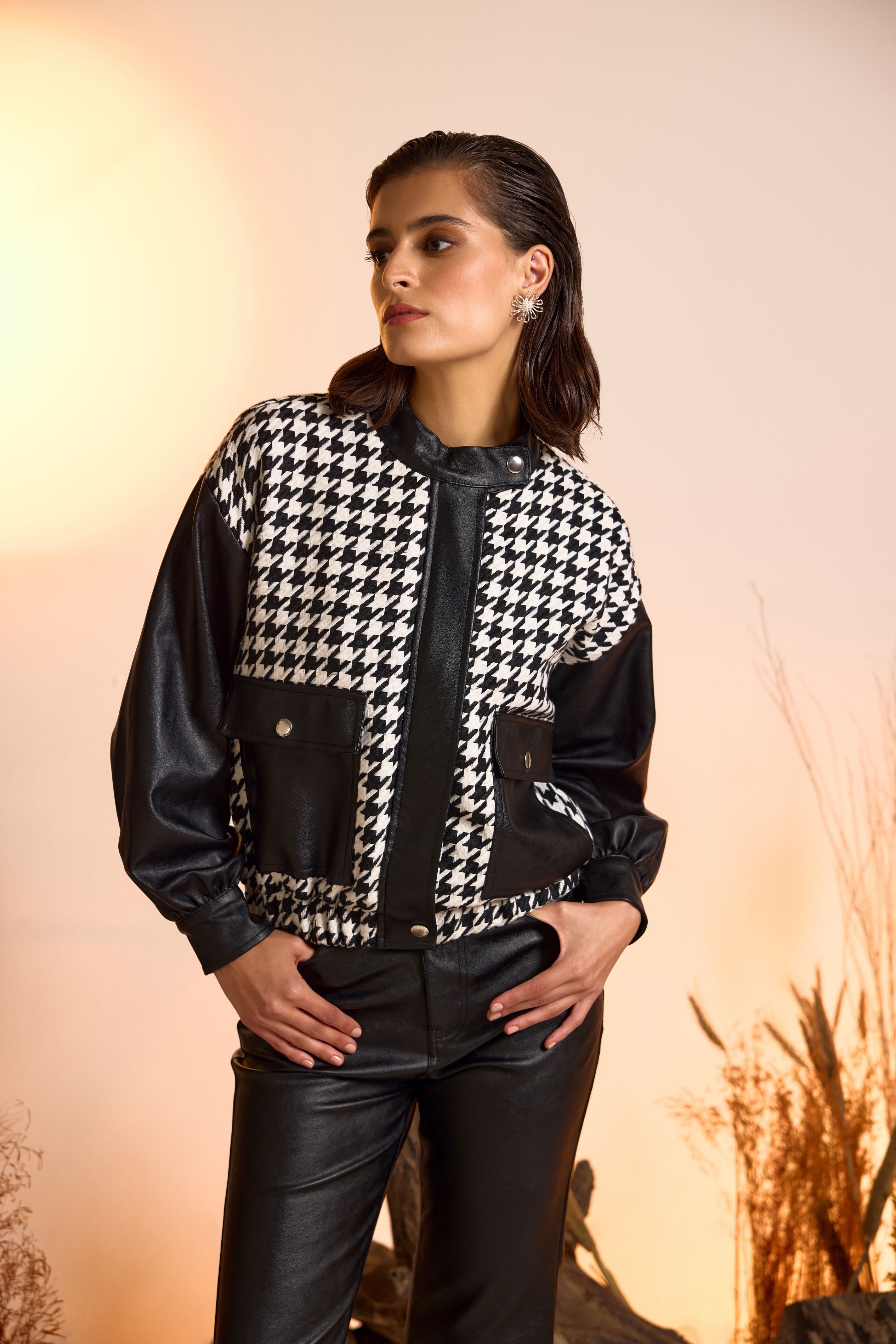Zip Up Houndstooth Pattern Jacket