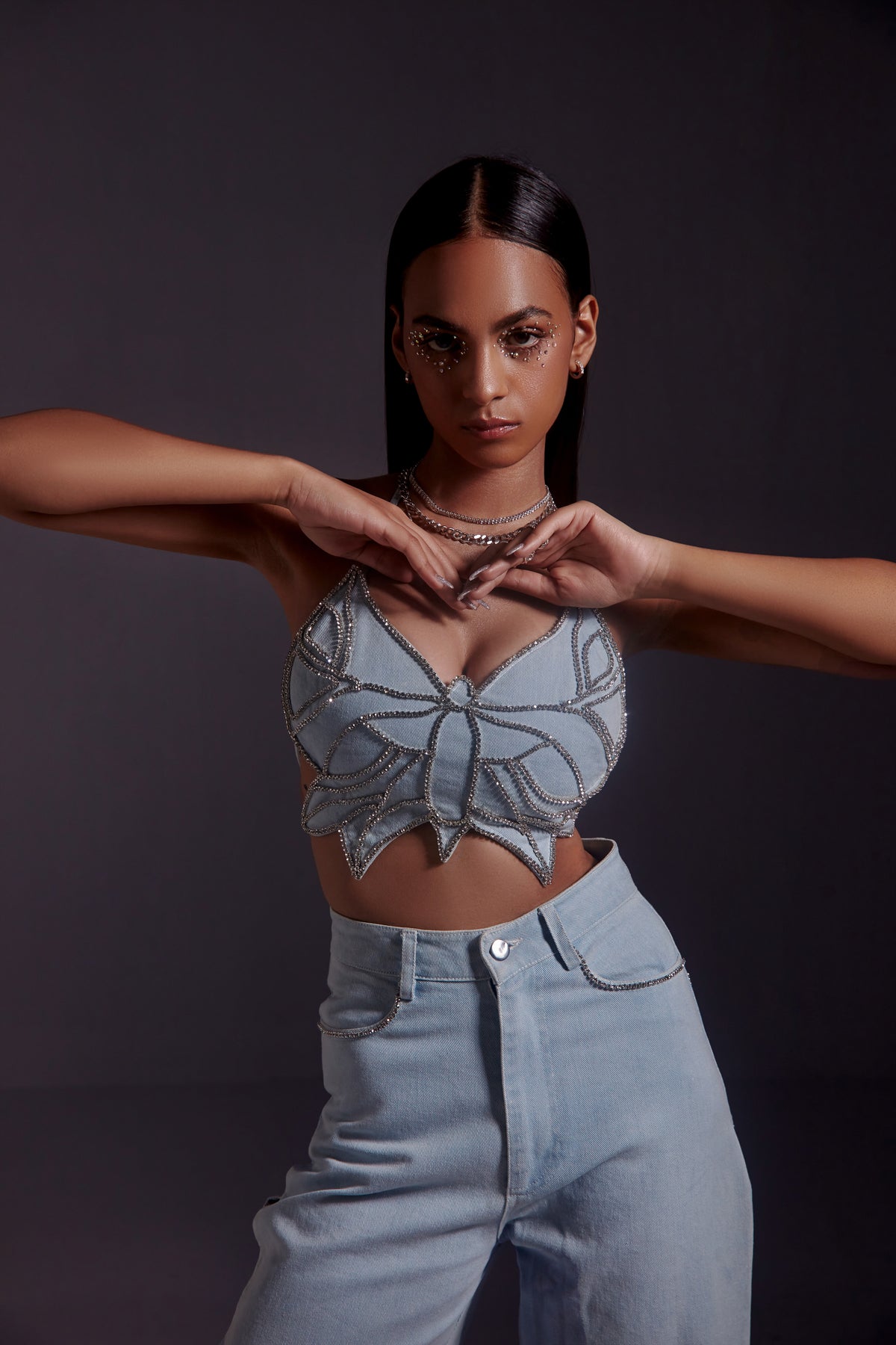 Butterfly Rhinestone Embellished Top and Jeans Set