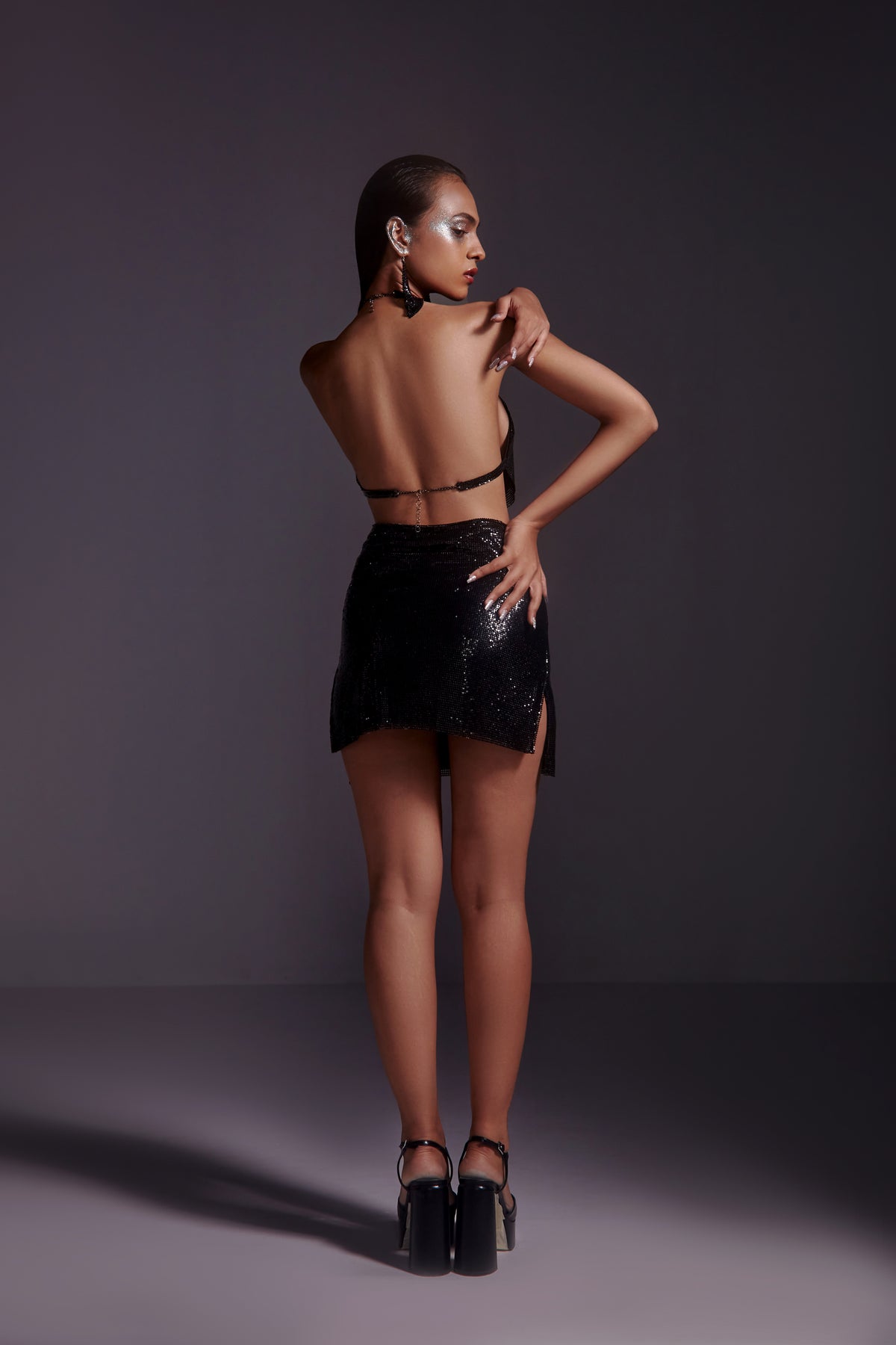 Black Metallic Chainmail Top and Mini Skirt Set