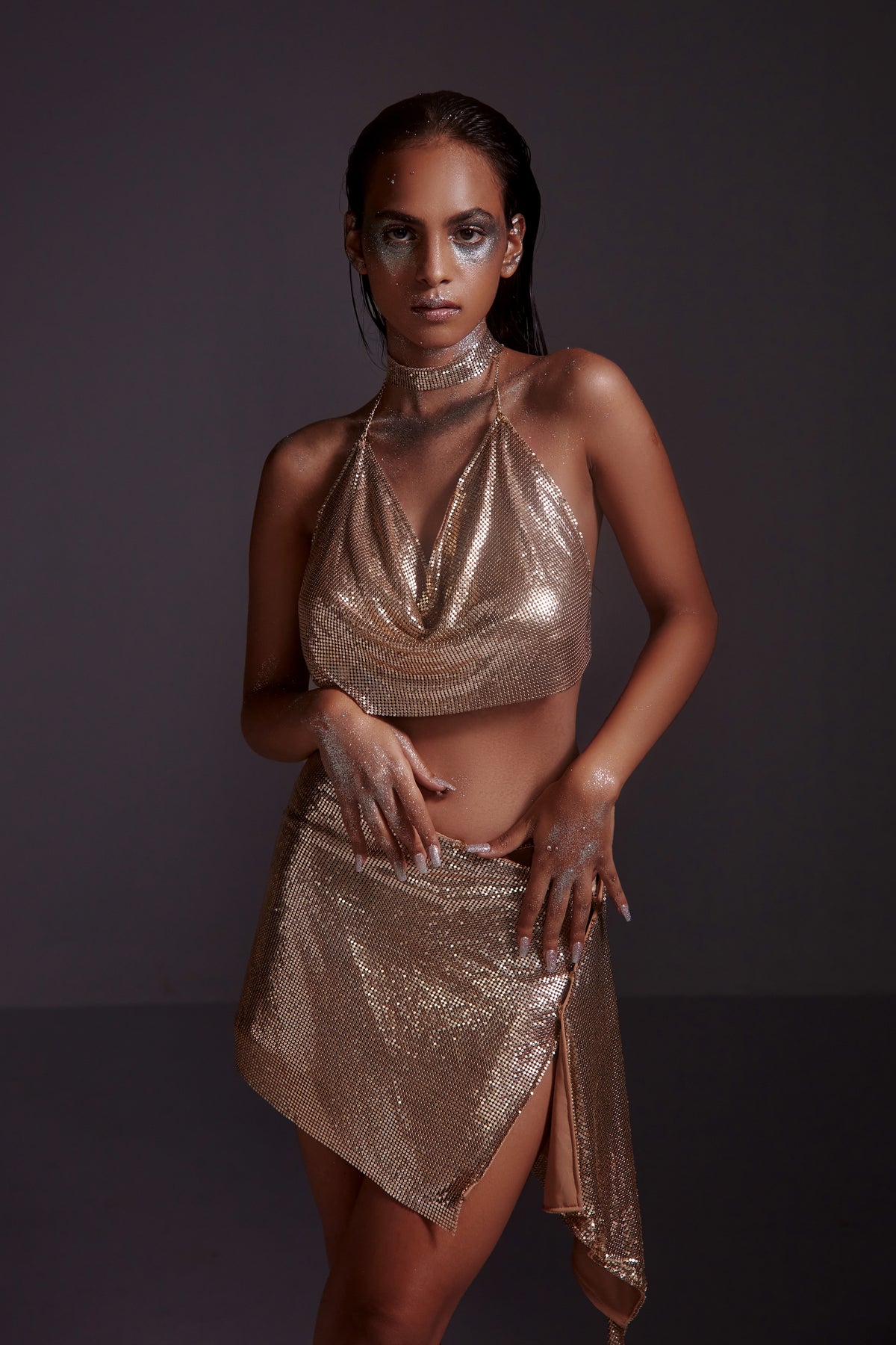 Metallic Chainmail Cowl Top and Wrap Skirt Set
