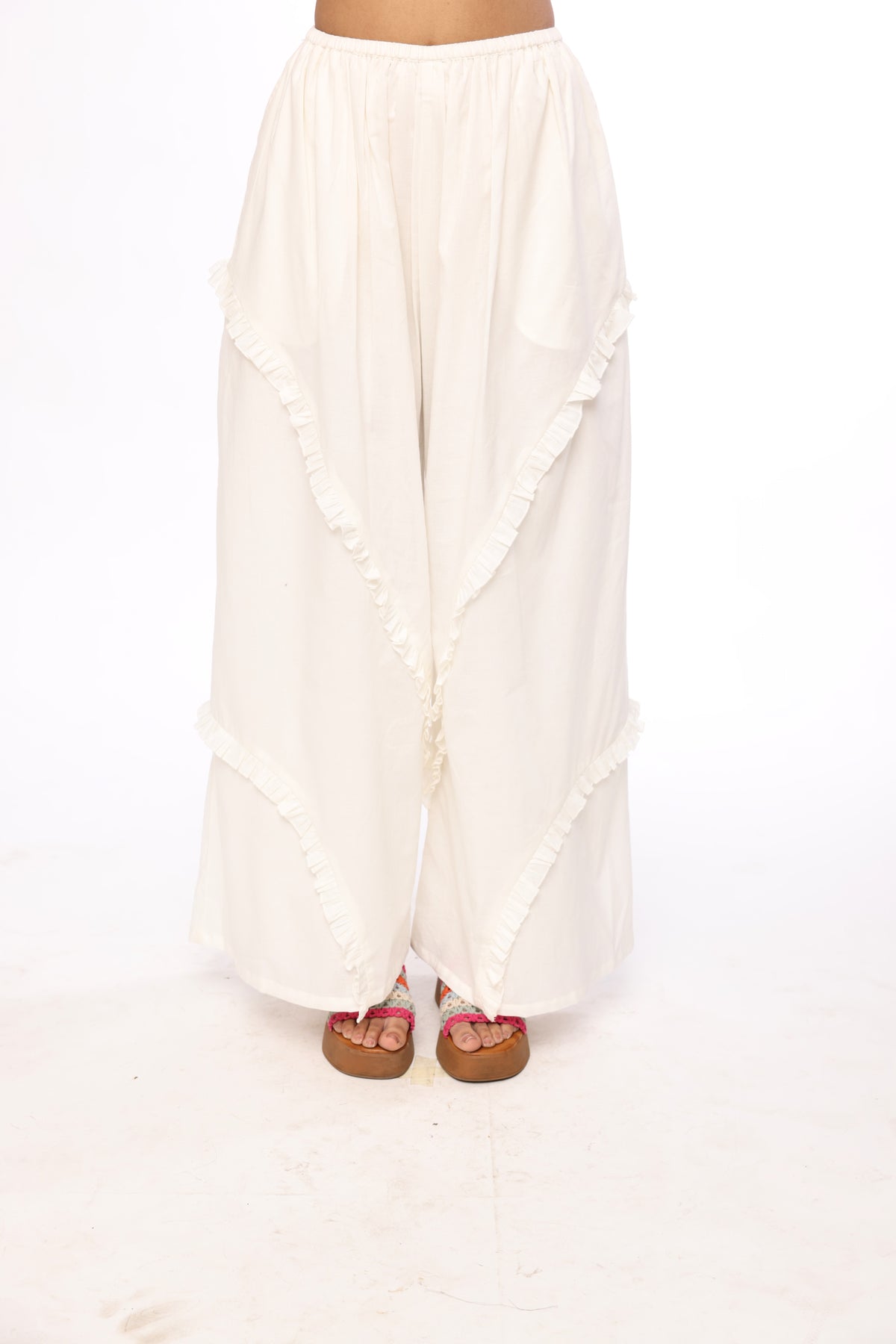 Ivory Boho Ruffle Wide-Leg Pants