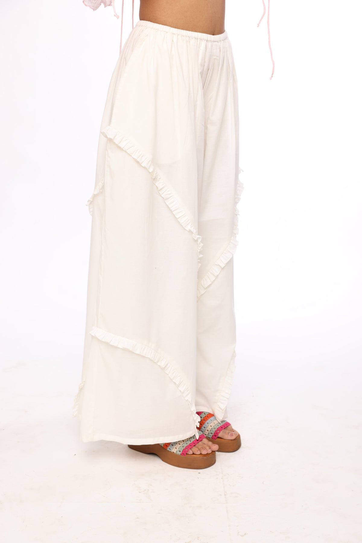 Ivory Boho Ruffle Wide-Leg Pants