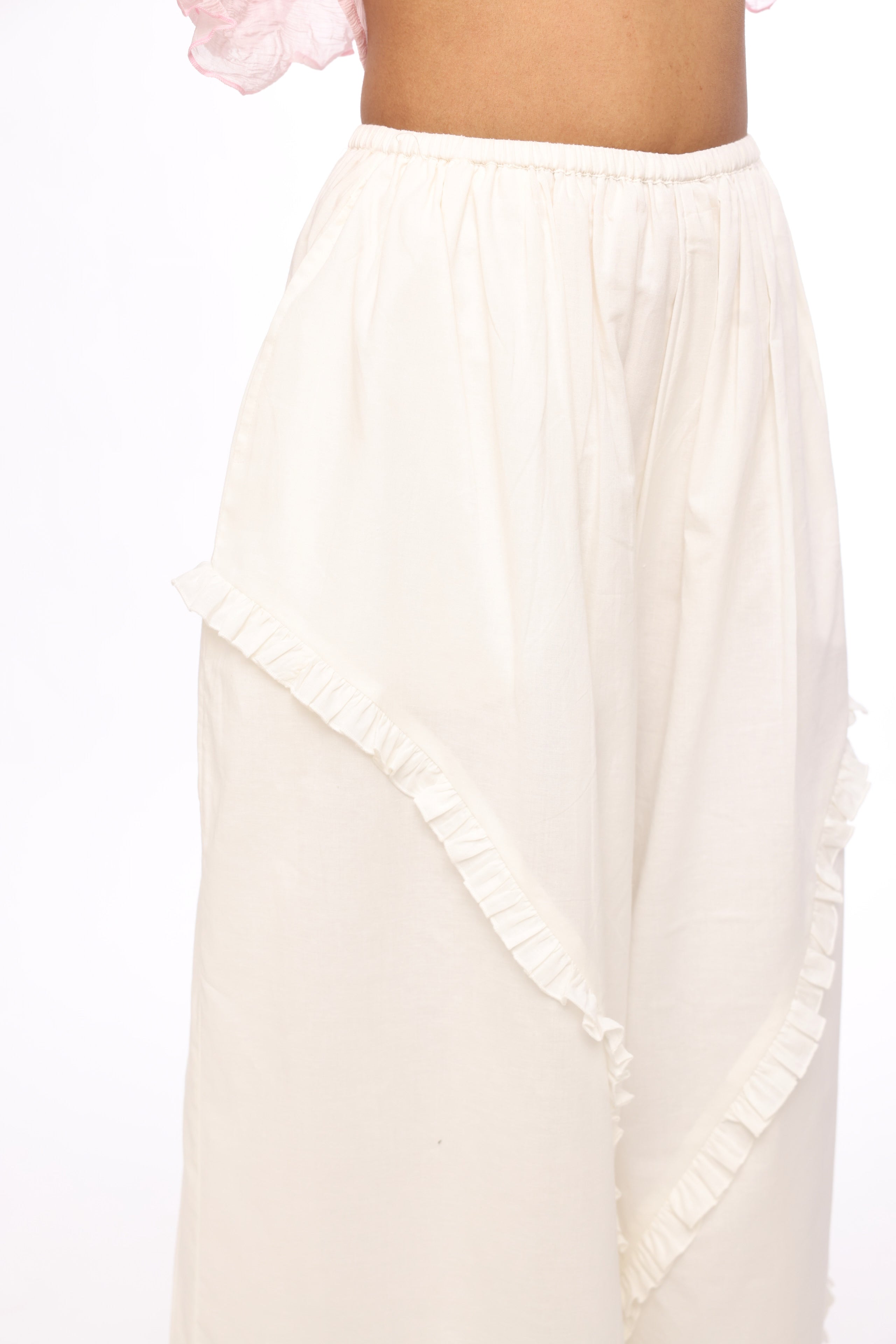 Ivory Boho Ruffle Wide-Leg Pants