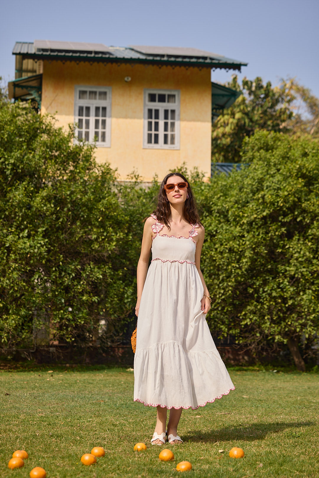 White Embroidered Floral Strap Midi Dress