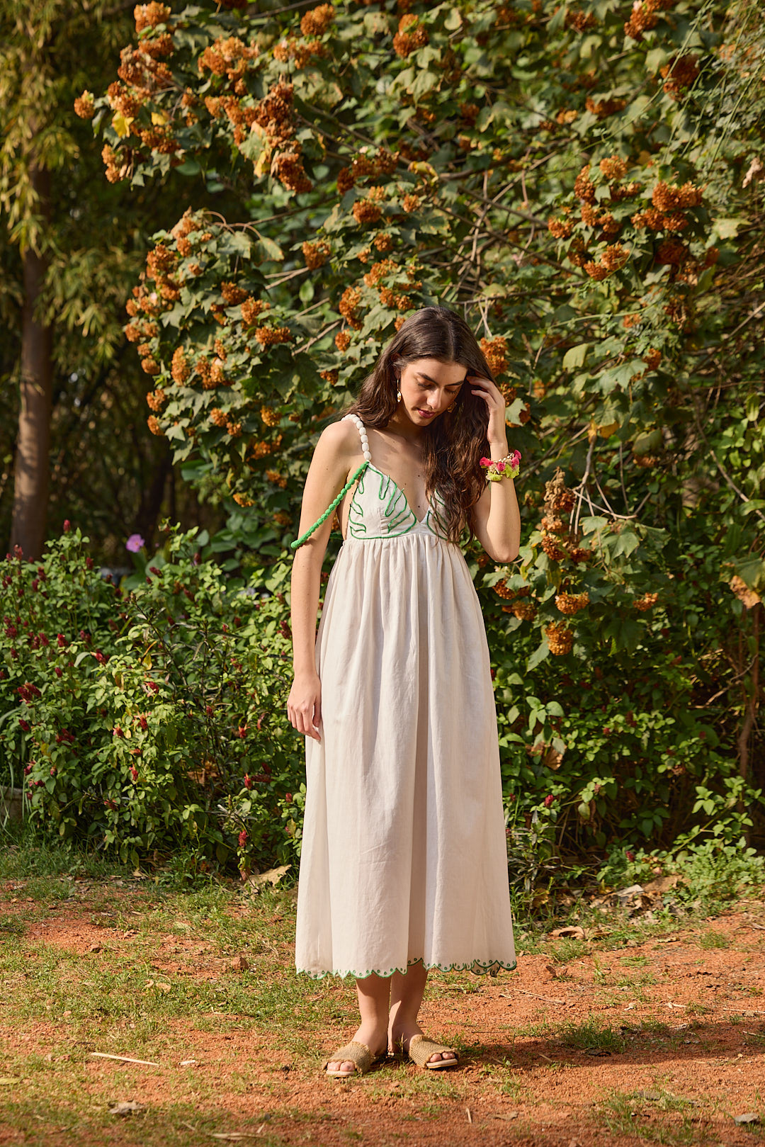 Palm Leaf Embroidered Midi Dress