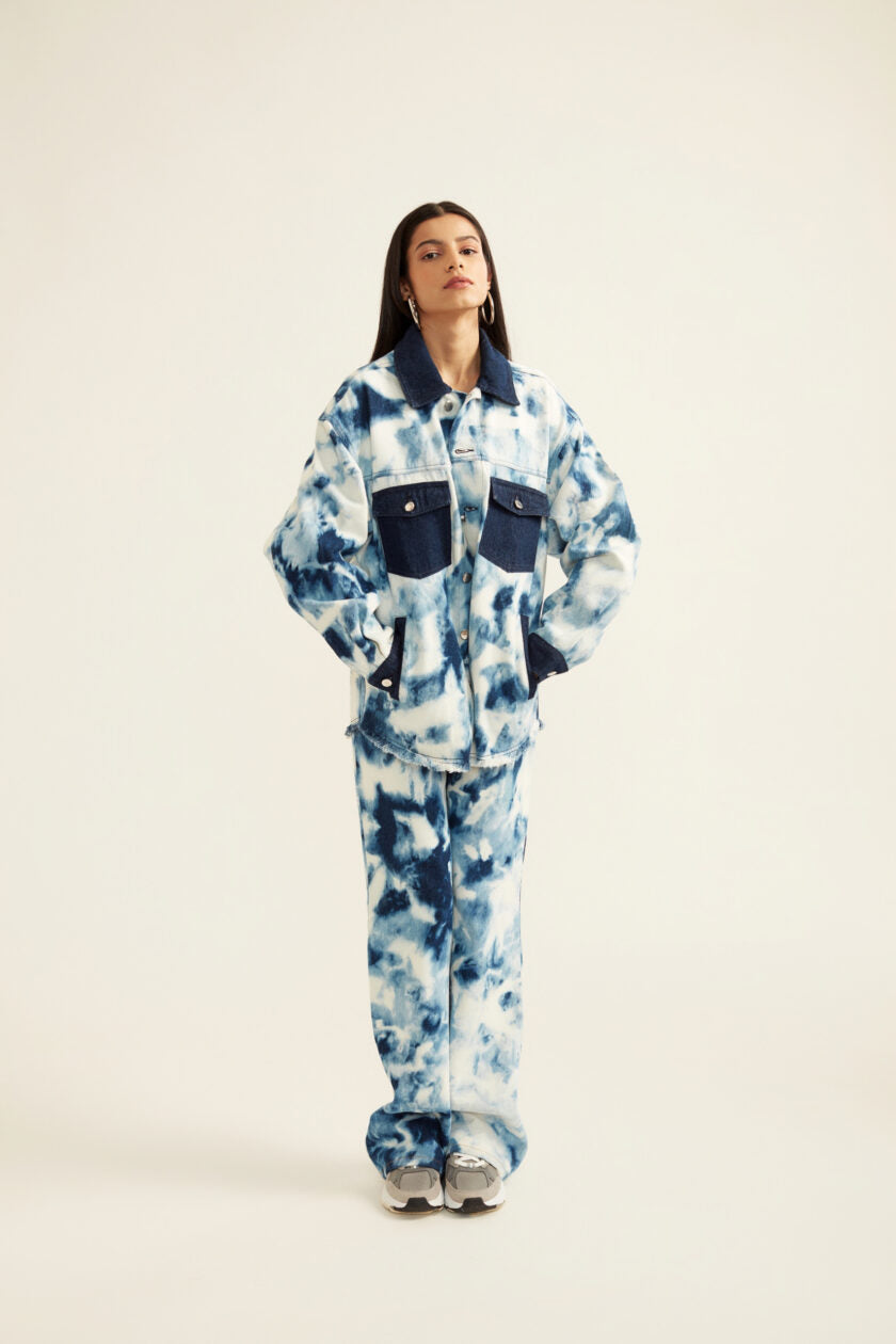Blue and White Tie-Dye Effect Oversized Jacket
