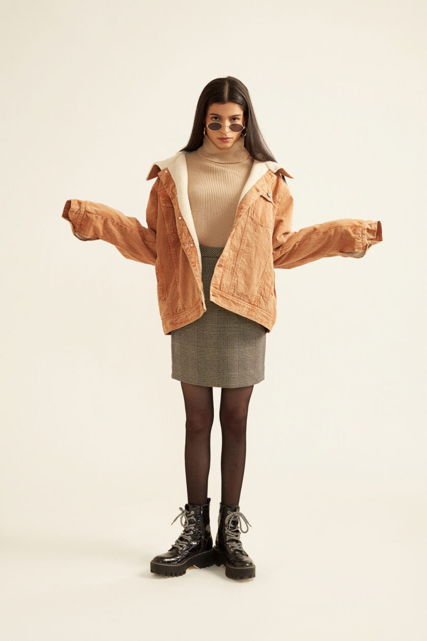 Brown Acid Washed Twill Jacket with Faux Fur