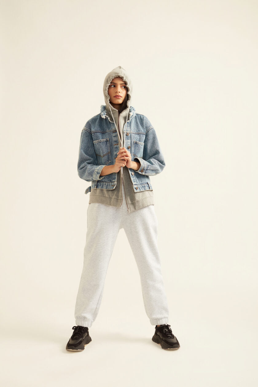 Denim Jacket with Grey Hoodie