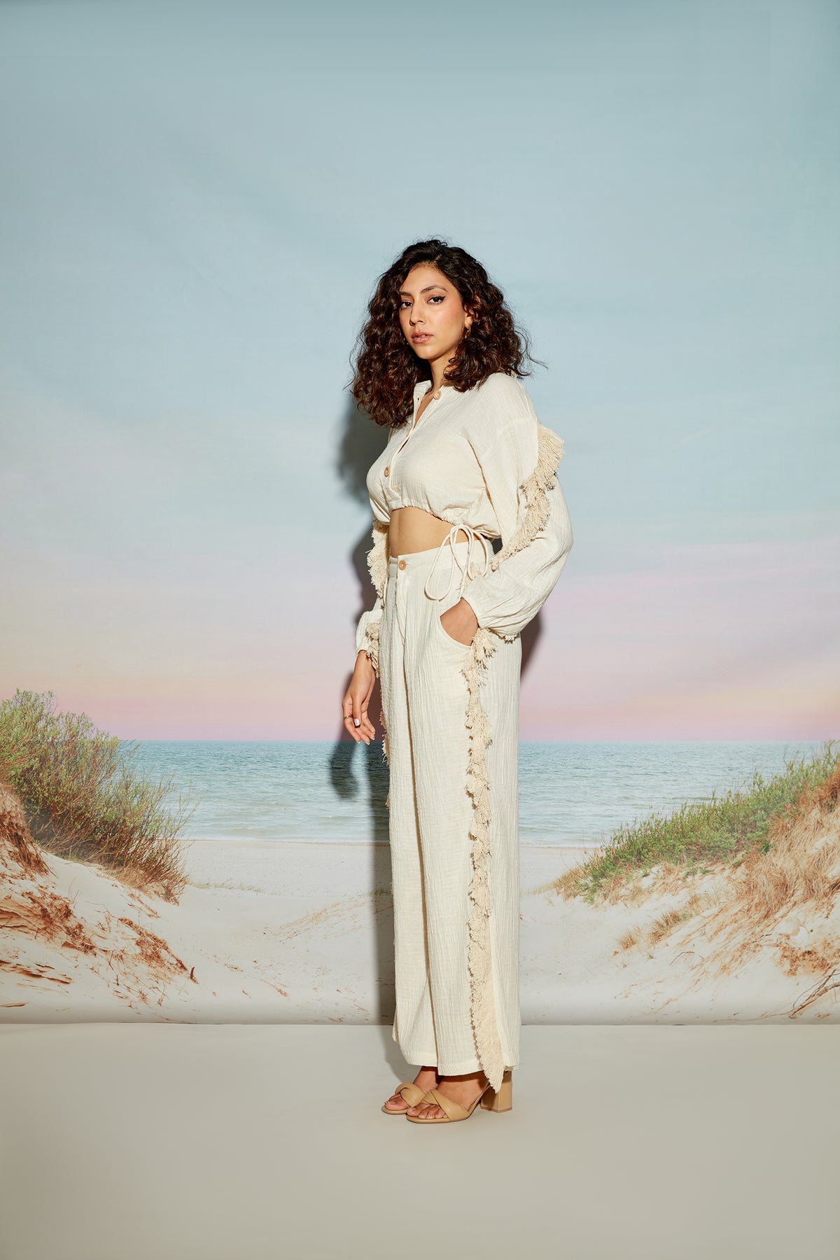 Fringe Lace Crop Shirt and Pant Set