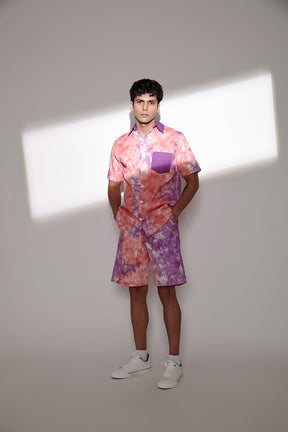 Tie & Dye Twill Men's Shirt and Shorts Set Pink & Purple