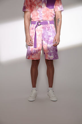 Tie & Dye Twill Men's Shirt and Shorts Set Pink & Purple