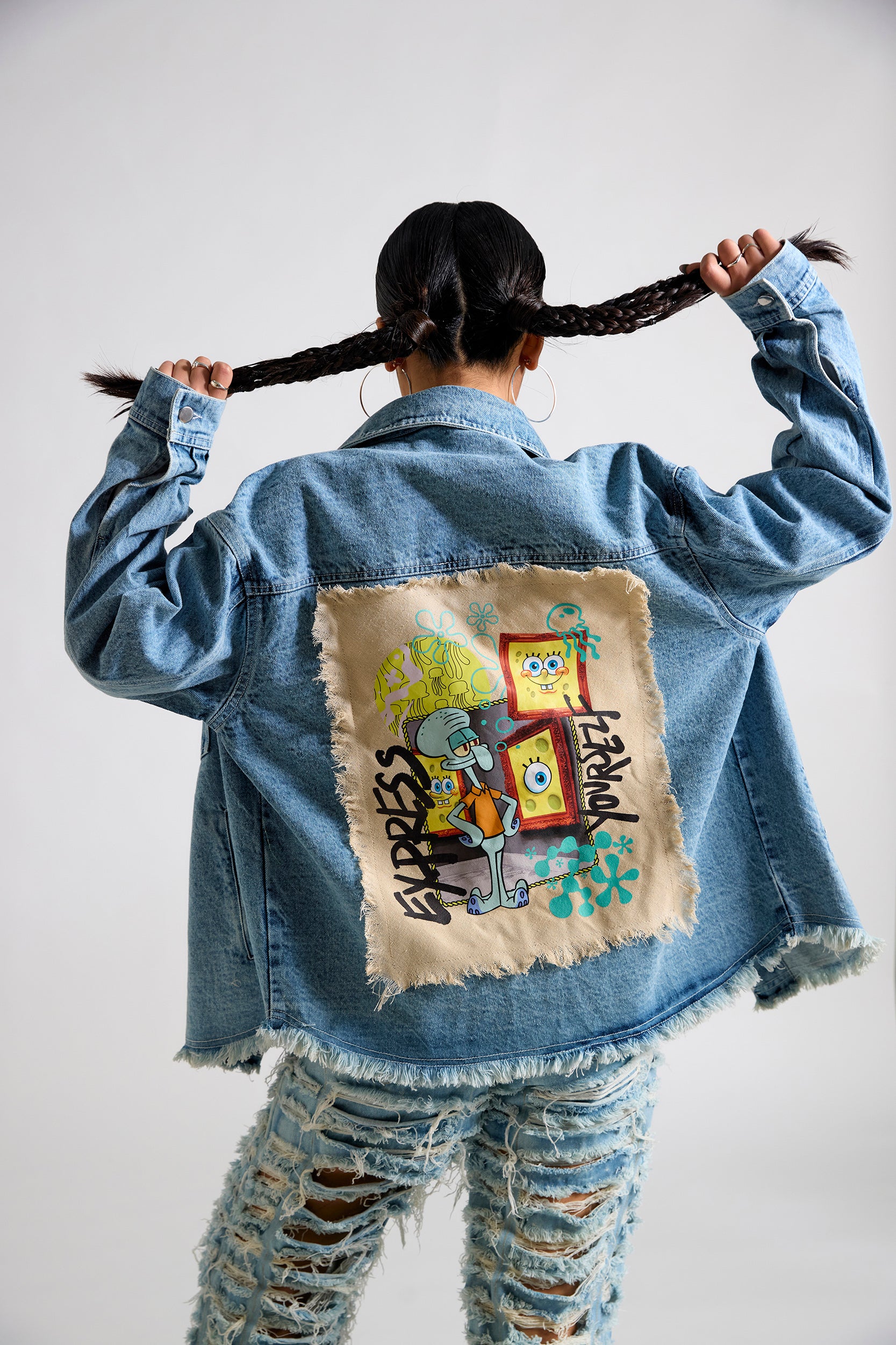 Spongebob Express Yourself Printed Canvas Oversized Denim Jacket