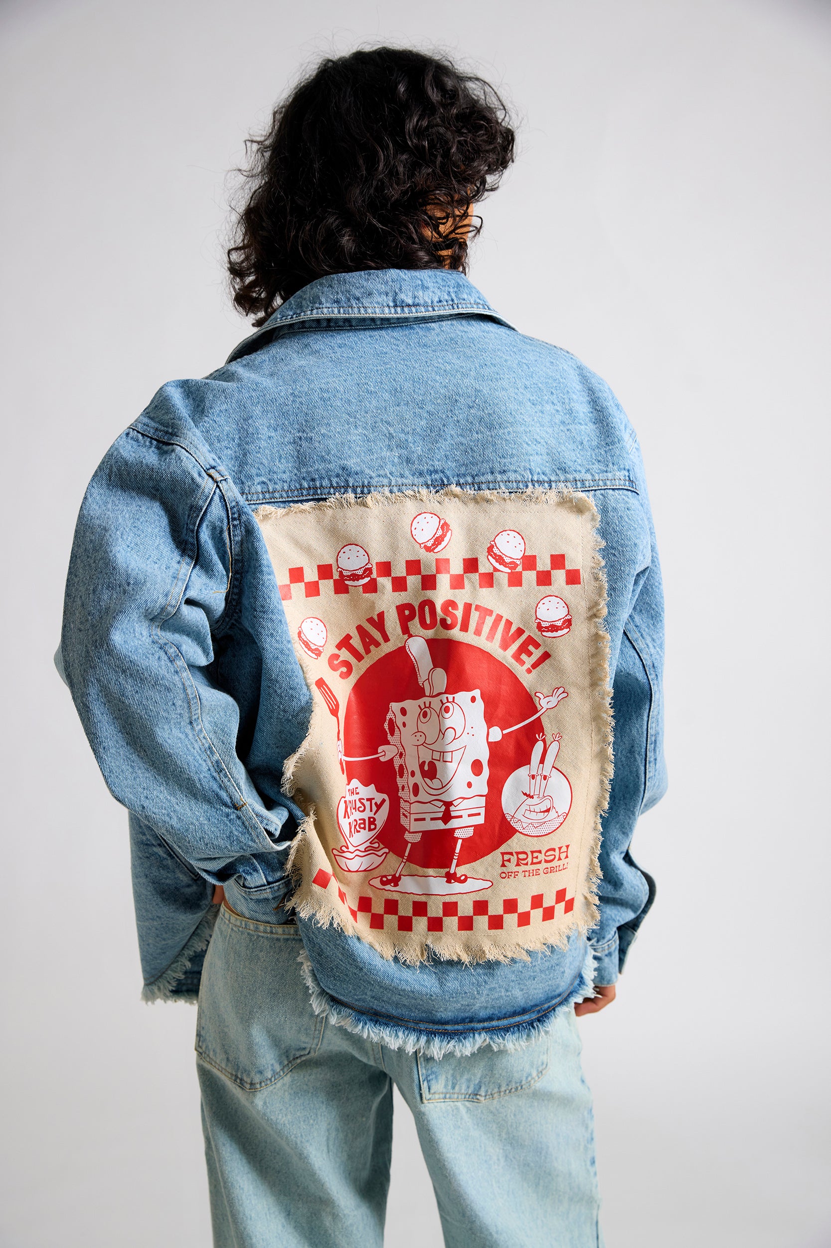 Spongebob:Stay Positive Canvas Men's Oversized Denim Jacket
