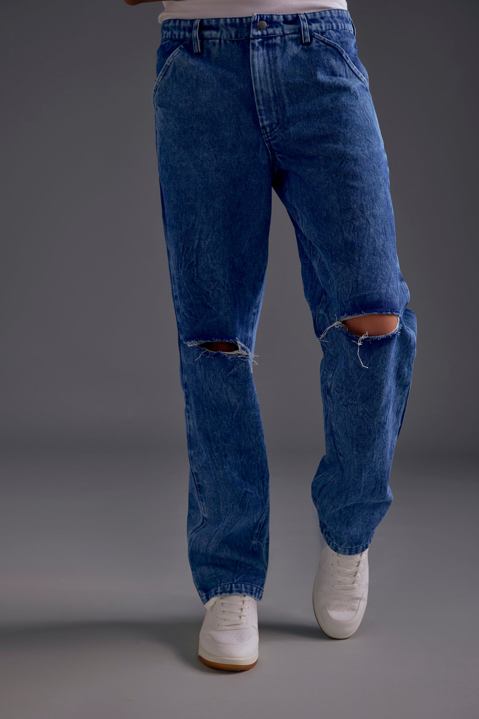 Dark Blue Knee-Cut Jeans - Main Image