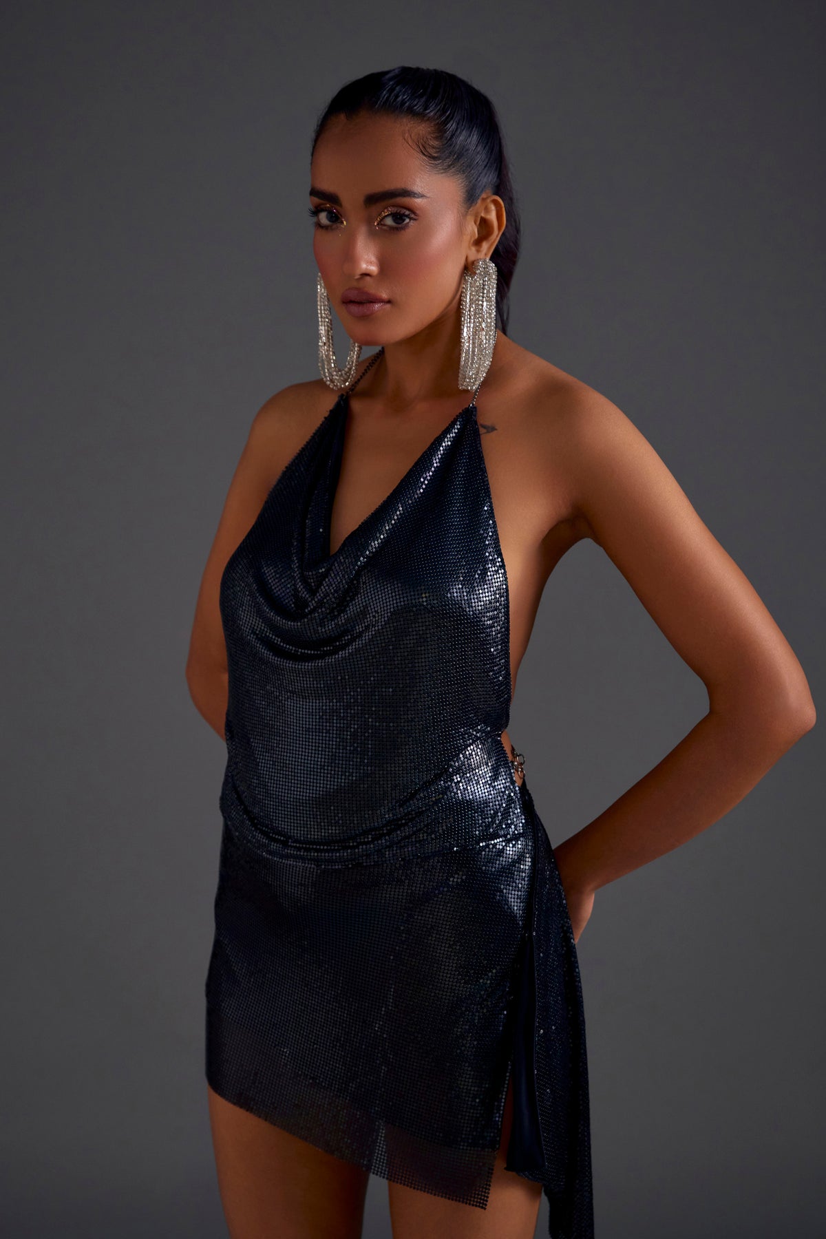 Black-Blue Cowl Chainmail Top