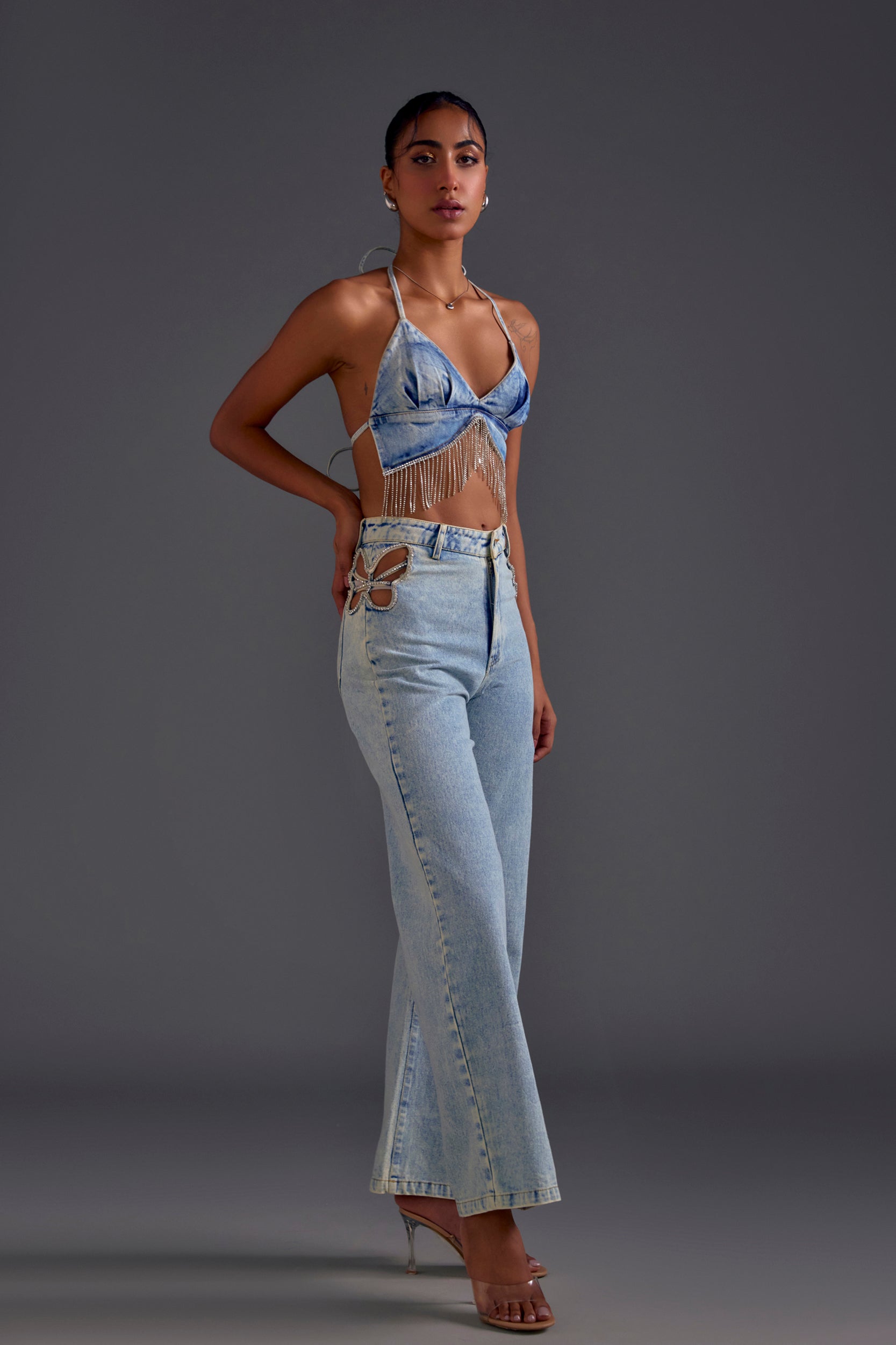 Rhinestone Embellished backless Top and Butterfly cutout Jeans Set