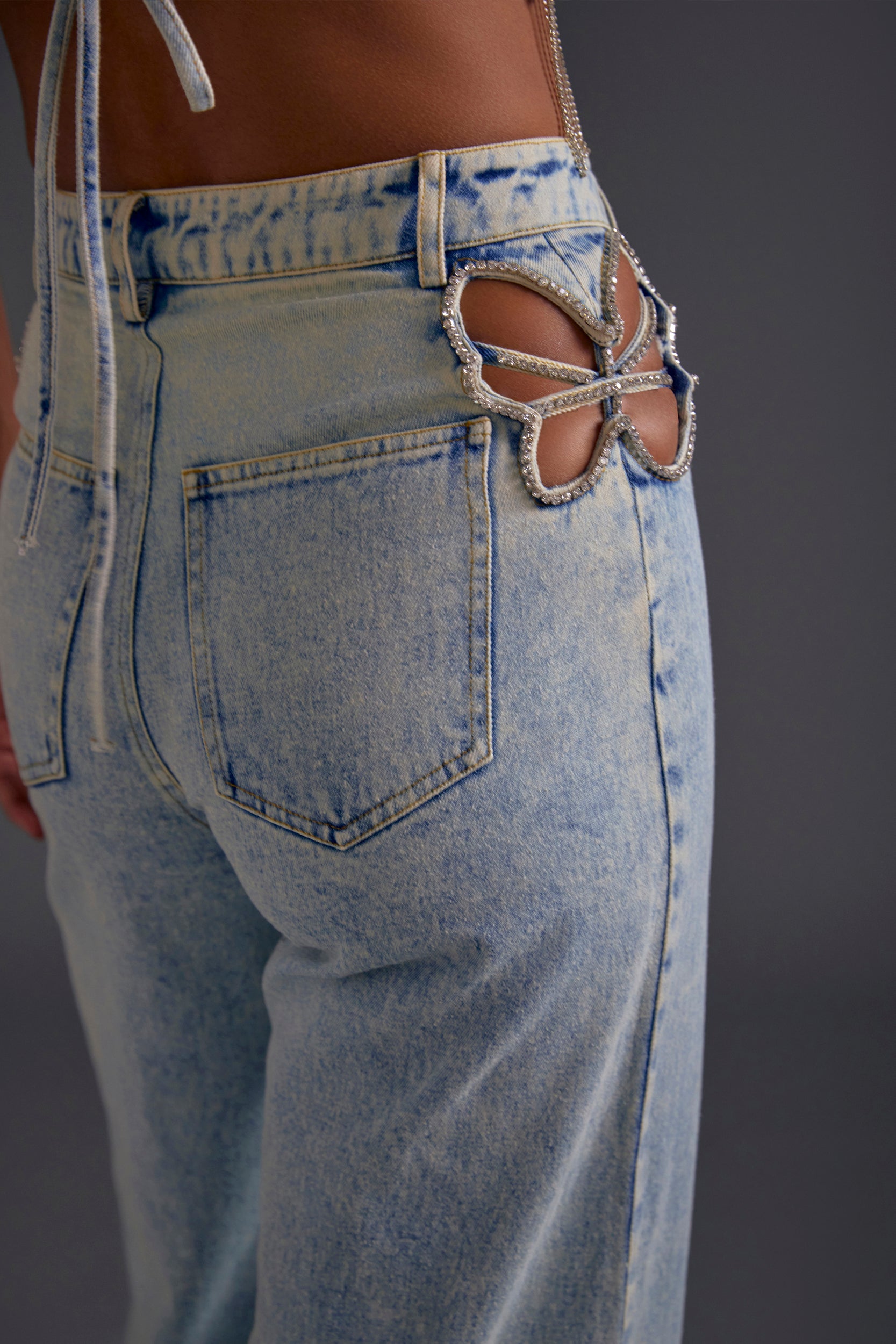 Rhinestone Embellished Cutout Jeans