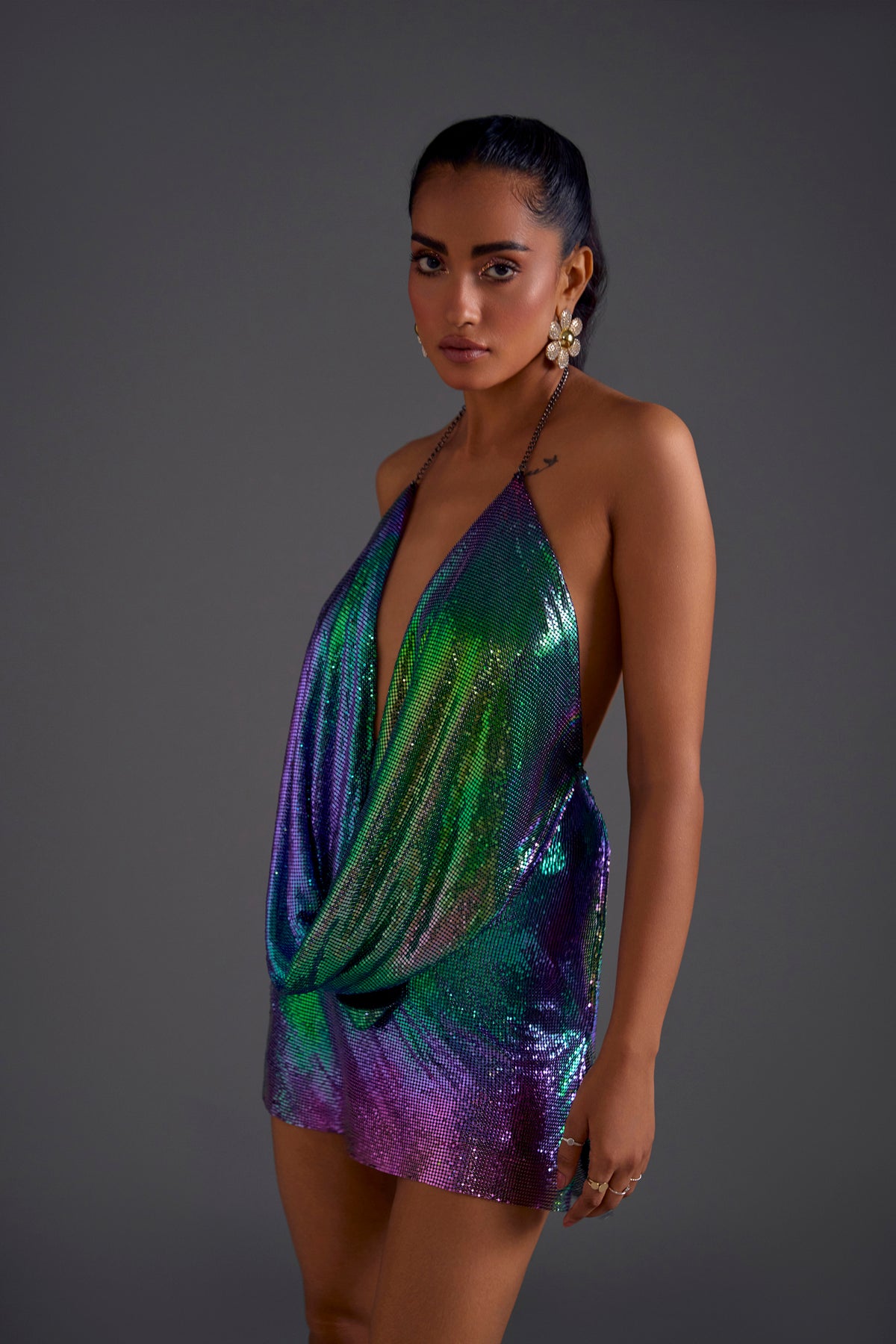 Deep Cowl Dual-Tone Chainmail Top