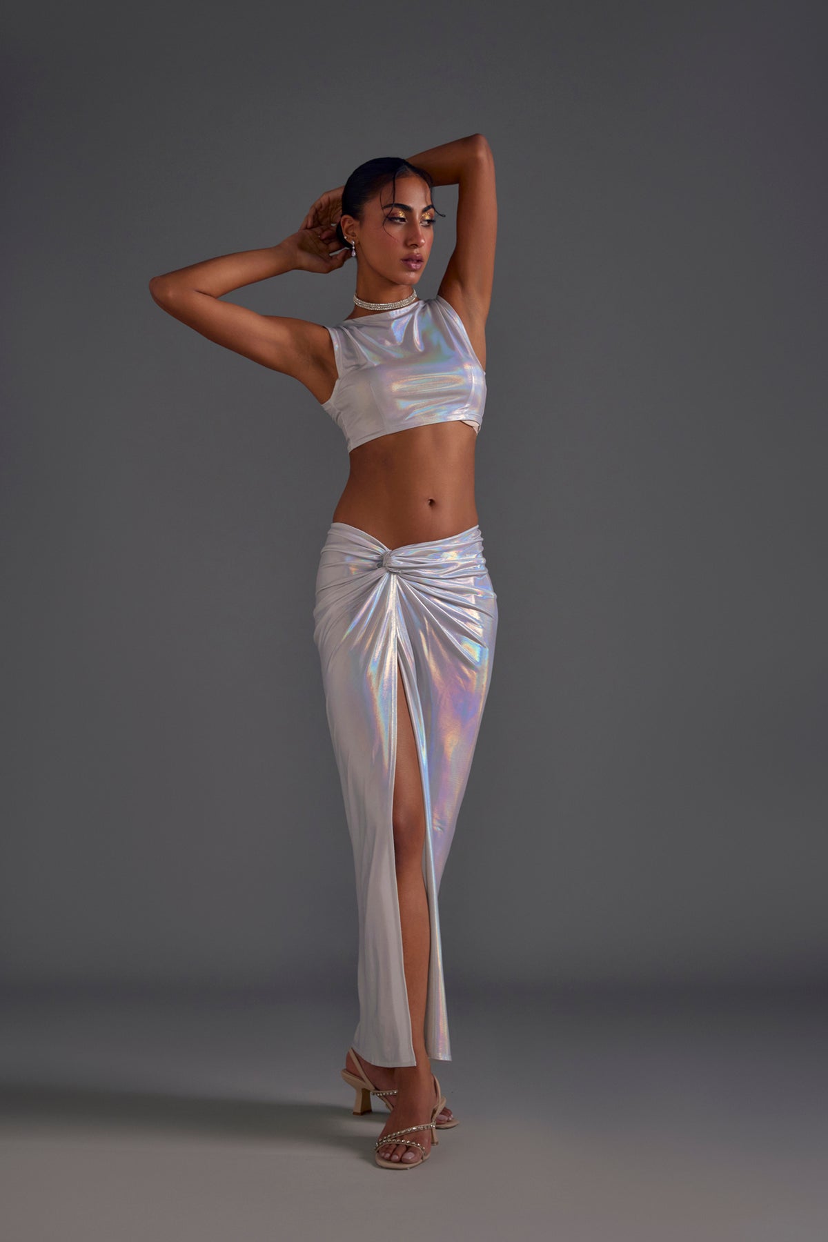 Light Silver Front Knotted Slit Skirt