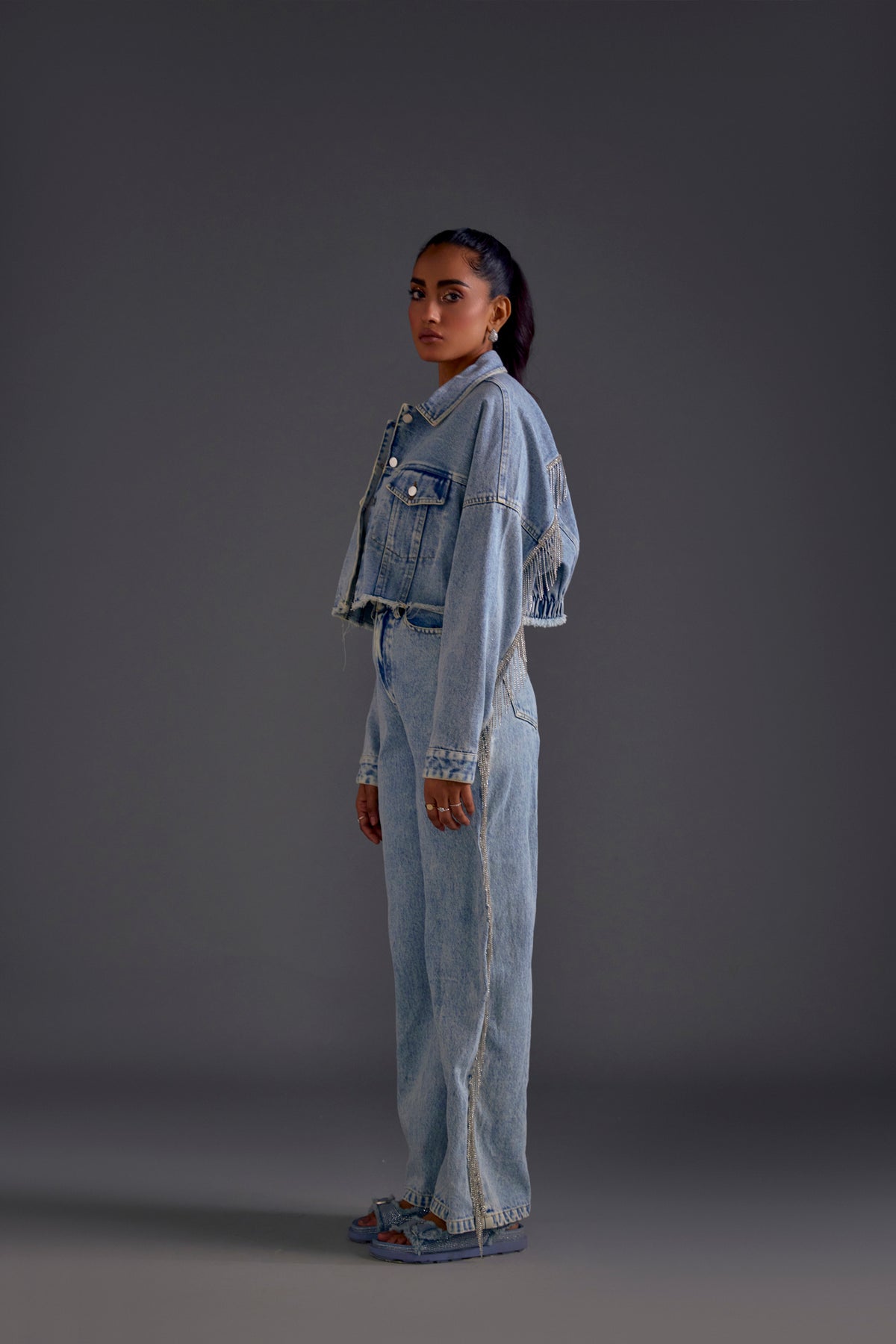 Rhinestone Embellished Oversized Denim Jacket Blue