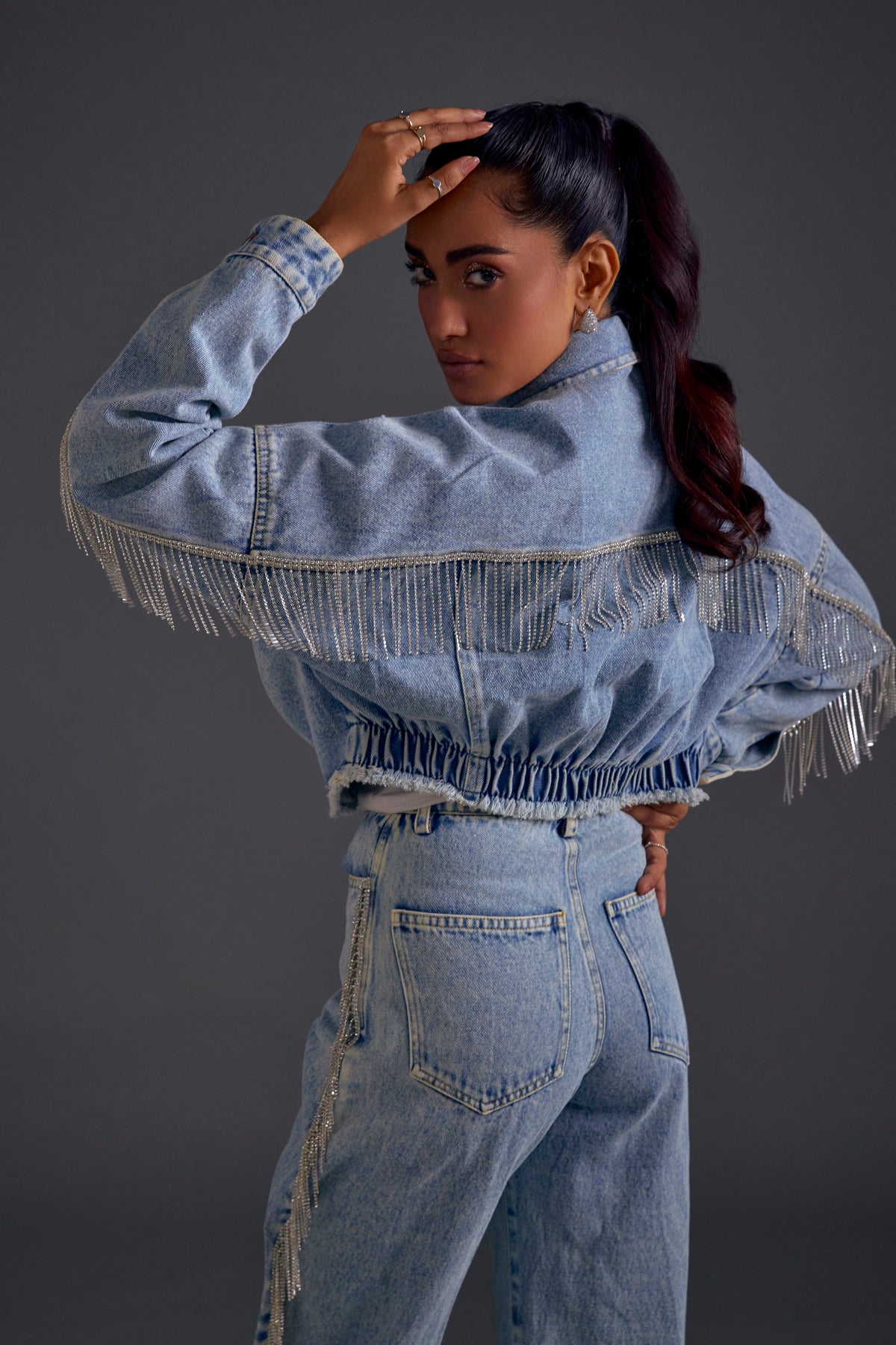 Rhinestone Embellished Oversized Denim Jacket Blue