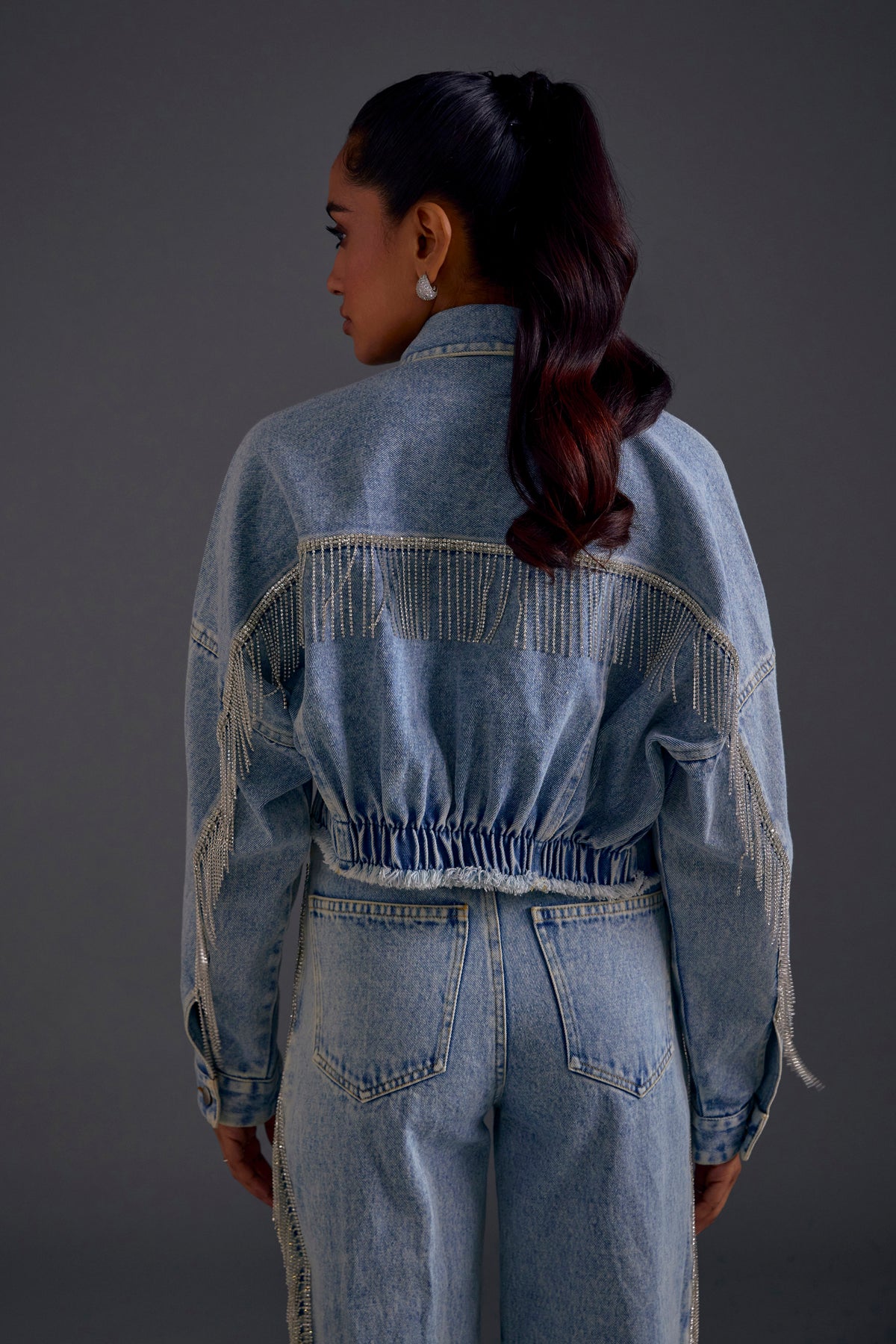 Rhinestone Embellished Oversized Denim Jacket Blue